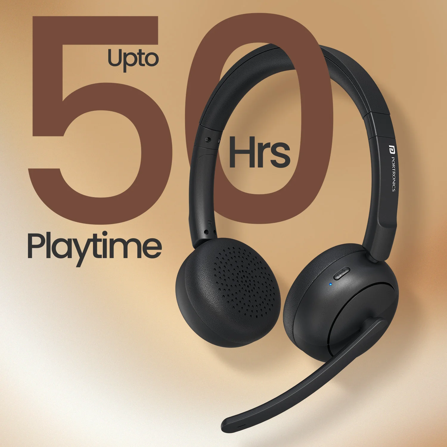 Portronics POR 3418 Muffs A3 ENC Upto 50 Hours Playtime | Bluetooth Version 6.0 | Adjustable Headband | Type C Fast Charging Black - Image 2