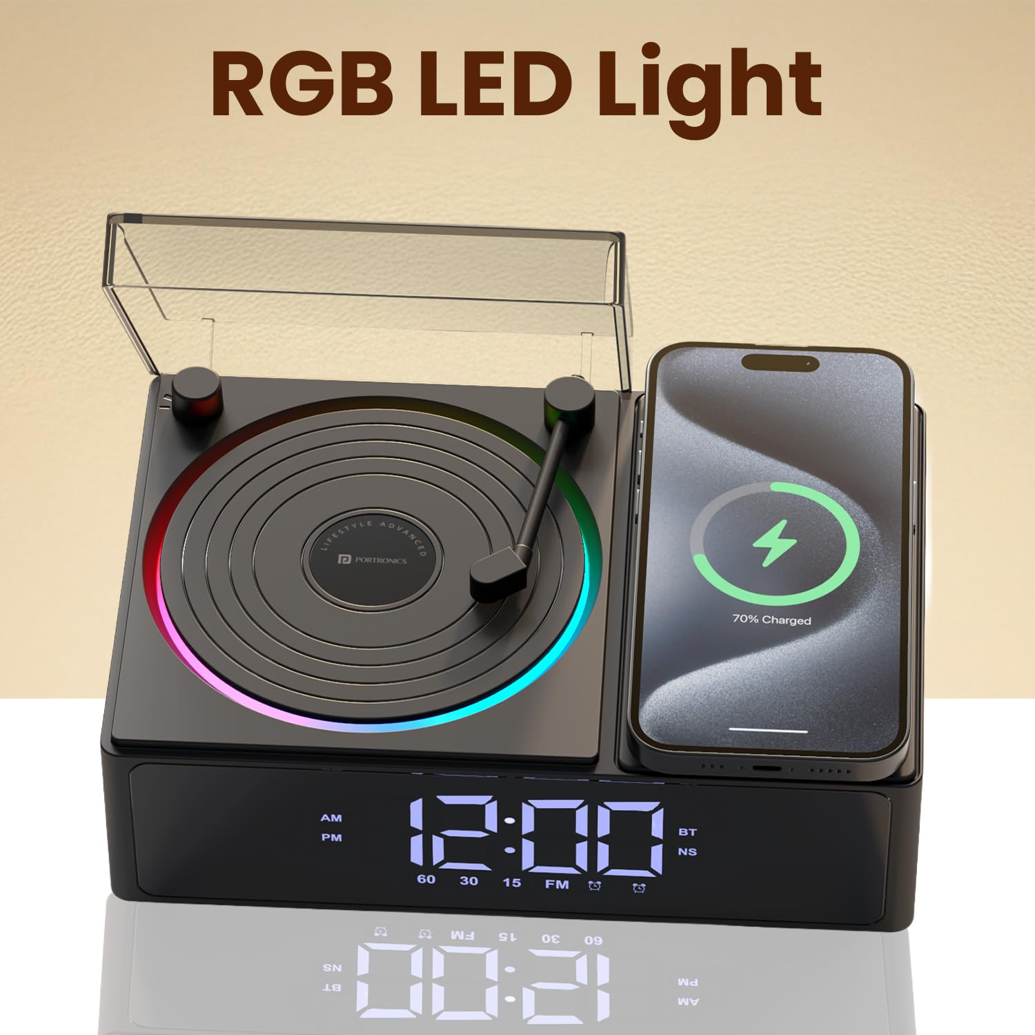 Portronics POR 3303 Soundflow 5W HD Sound Retro Design Bluetooth Speaker,15W Wireless Charging,Digital Clock with Alarm Setting,RGB LED Lights,Built-in White Noise, USB-A/SD Card/AUX in, Type C Charging Black - Image 8