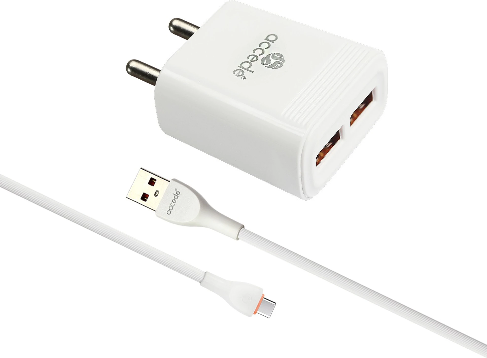 Accede A103C 3.1A Wall Charger 2 USB Port for Mobile with Type C Cable White, Cable Included - Image 1