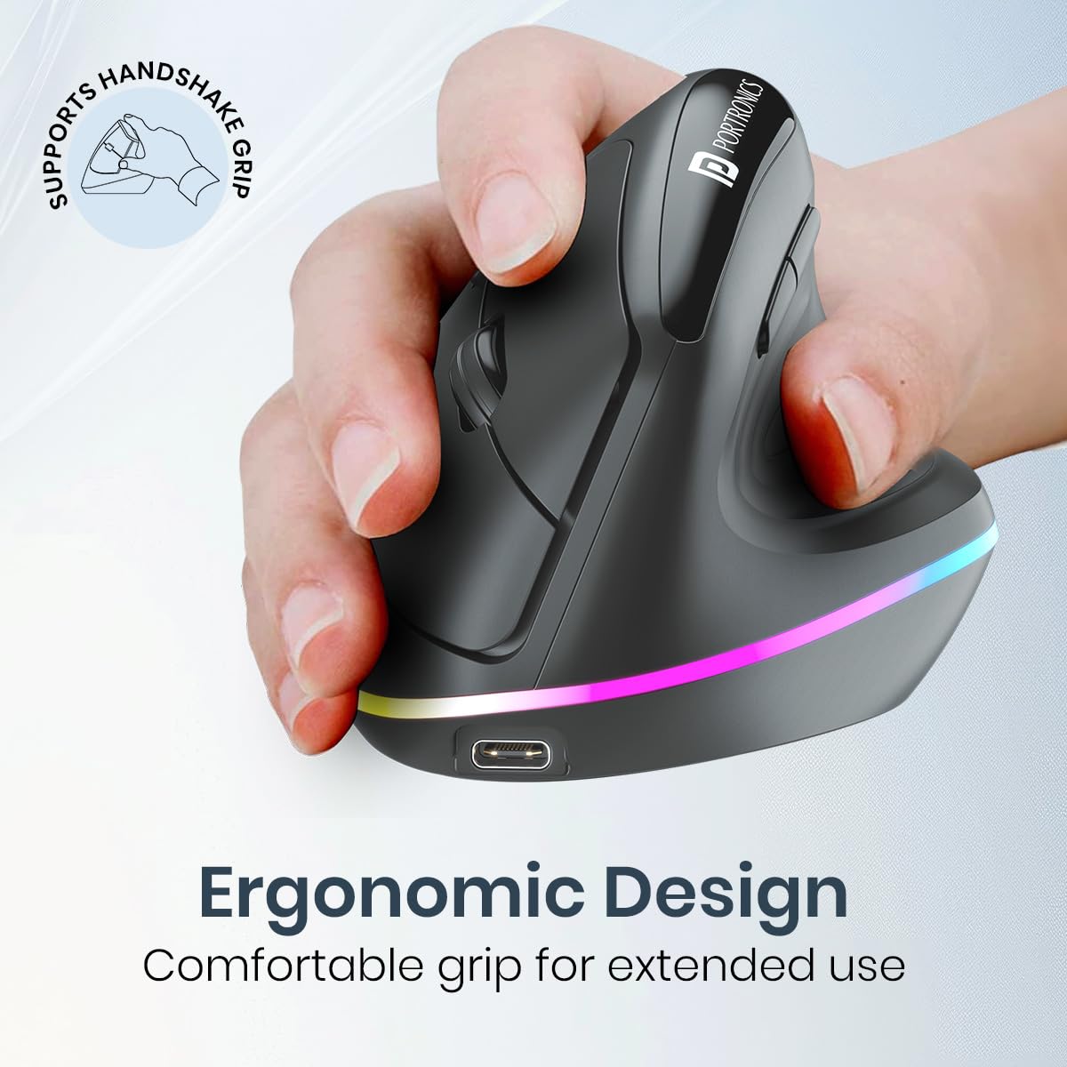 Portronics POR 3031 Toad Ergo 3 Ergonomic Wireless Mouse with RGB, 2400 DPI, Dual Mode BT And 2.4GHz Connectivity, Rechargeable Battery, 6 Buttons, Adjustable DPI, Silent Clicks Black - Image 3