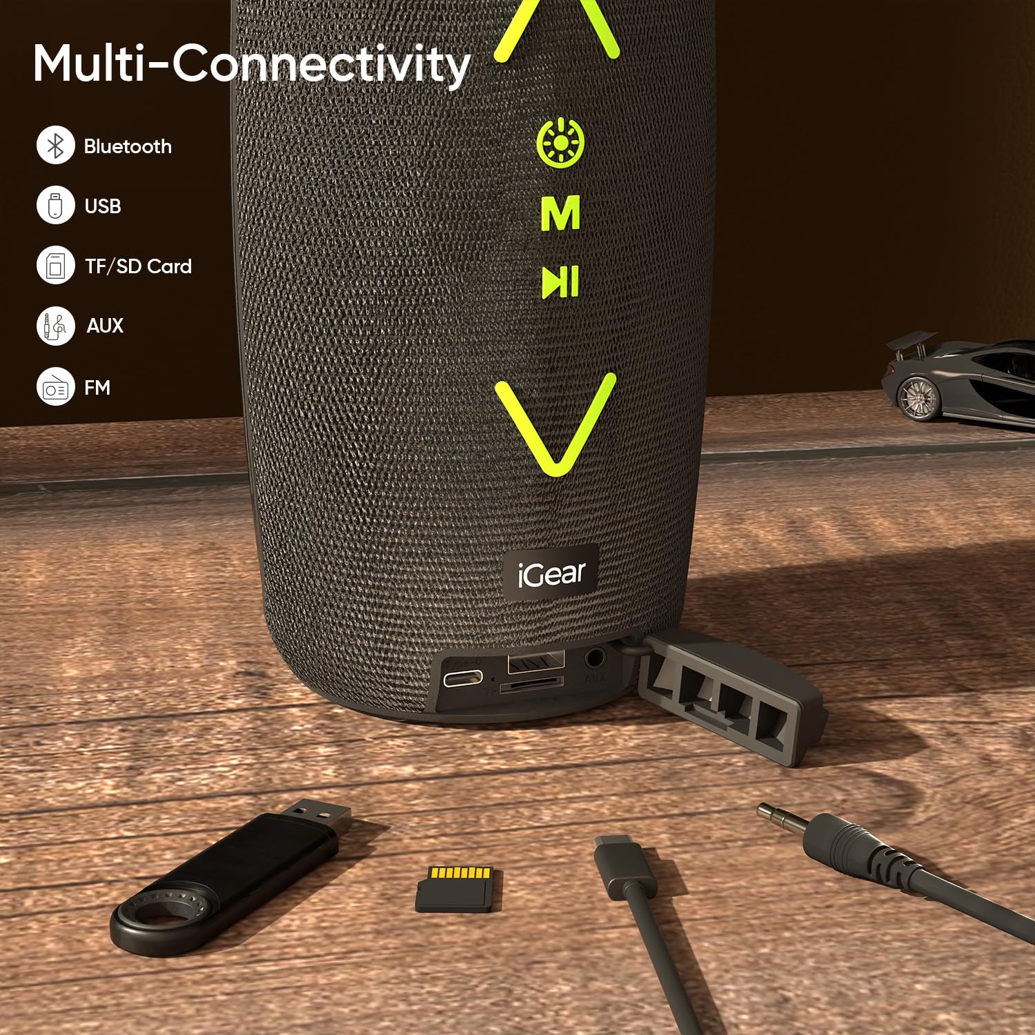 iGear Apollo 20W Portable Bluetooth Party Speaker, 360° Surround, 180° LED Light, TWS, BT 5.3, FM, USB, TF/SD Card, AUX, 6 Light, Twin Pairing Black - Image 6