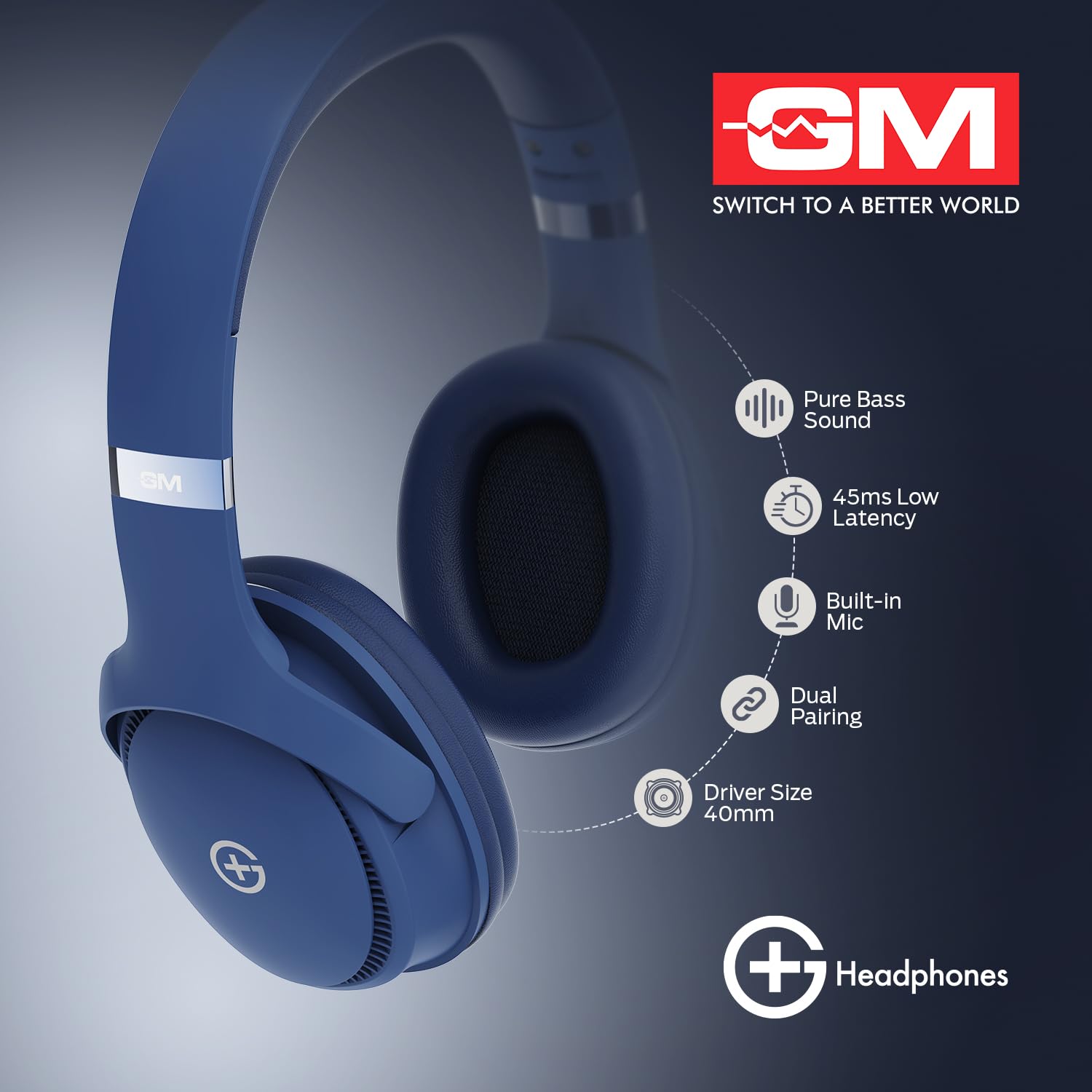 GM G+ Headphones, Over The Ear Headphones with Mic, BT 5.3, Pure Bass, 45ms Low Latency, Dual Pairing, 4 Play Modes (FM, Radio, SD Aux) 55H Blue - Image 3