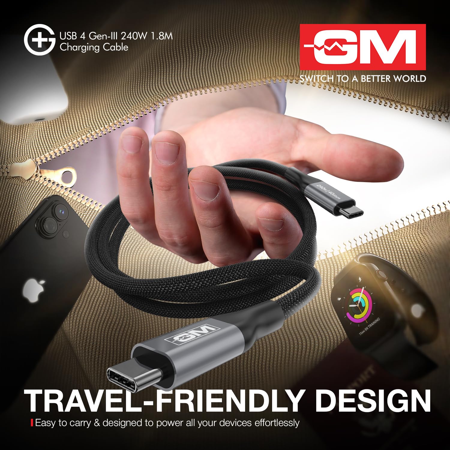 GM G+ USB 4 Gen-III 240W Type-C to Type-C Cable (1.8M) | 40Gbps Data Transfer | 8K Display Support | PD 3.1 Fast Charging | Nylon Braided,Tangle-Free,Durable Cable for Laptops,Tablets & Smartphones - Image 6