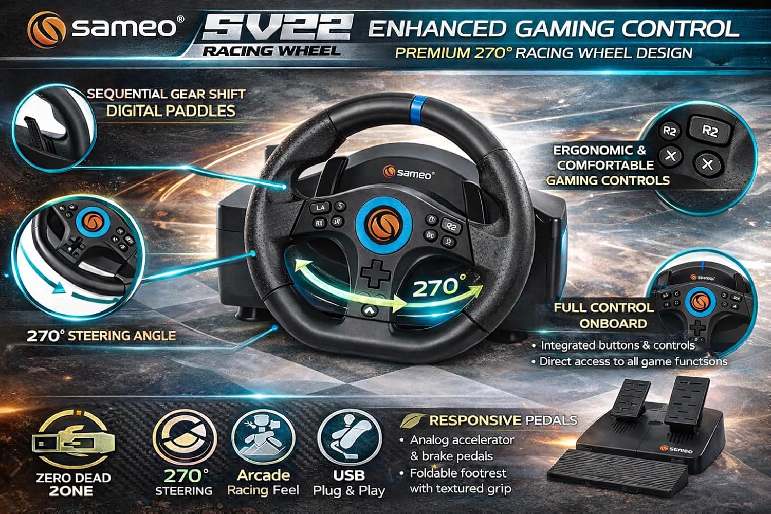 Sameo SV22 Multi-Platform Gaming Racing Wheel, Padel Set, Supports PC, PS3, PS4, Xbox One, Xbox 360, and Nintendo Switch. Sameo SV22 Multi-Platform Gaming Racing Wheel, Padel Set, Supports PC, PS3, PS4, Xbox One, Xbox 360, and Nintendo Switch. - Image 7