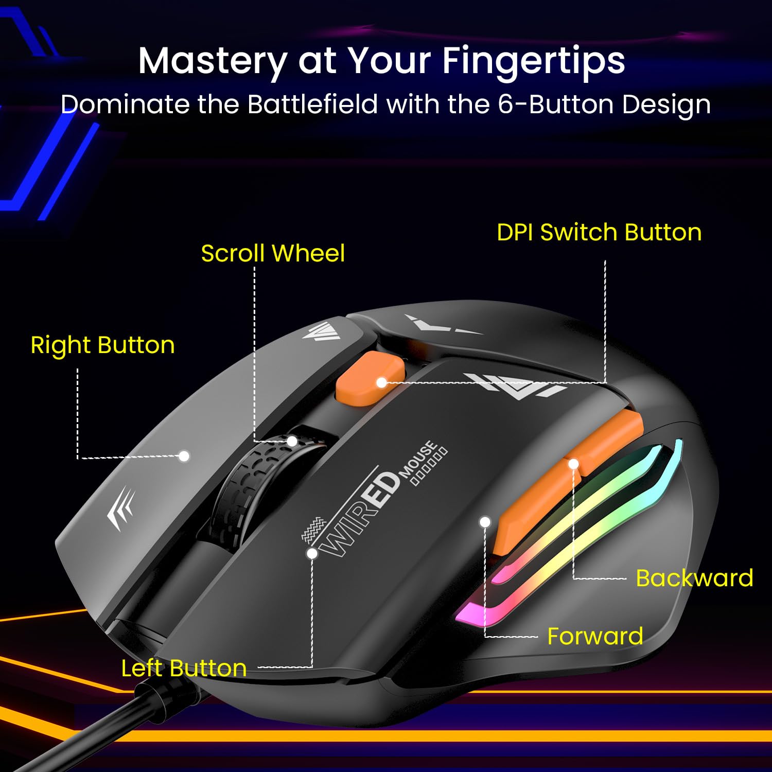 Portronics POR 2015 Vader Wired Gaming Mouse with 6 Buttons, Thumb Support, Adjustable DPI (6400 Max), RGB Light Effects, Ergonomic Design, 1.5 m Long USB Cable for Laptop And PC Black - Image 6