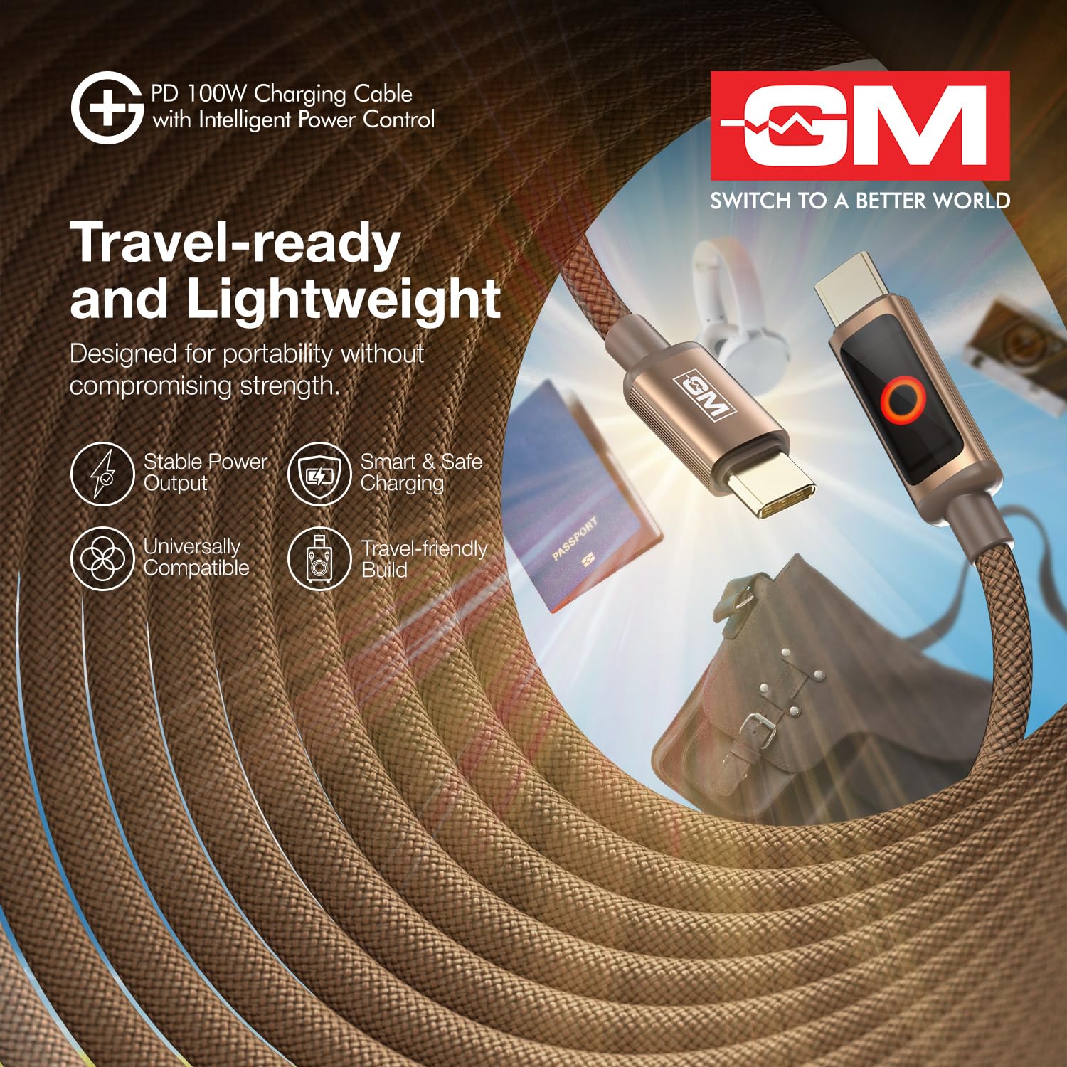 G+ 100W PD Cable Fast Charging Smart Auto Cutoff Laptop Charger 480Mbps Brown - Image 4