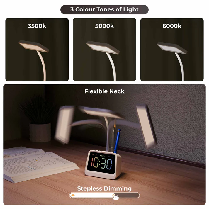 Xech Prism Alarm Clock with Lamp, Pen Stand Speaker, Rechargeable Desk Lamp for Study, Digital Clock, Mini Speaker, Gift for Office, Home & Kids White - Image 5