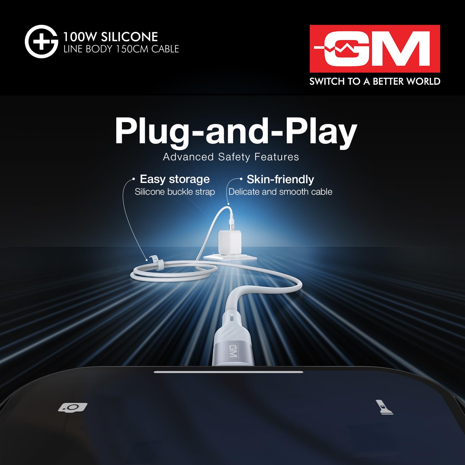 GM G+ 100W Silicon Line Body 150cm Cable , Flexible Silicone Line Body, PD 3.1 Type-C Cable, 480Mbps Data Transfer, Durable Aluminium Connectors White - Image 7