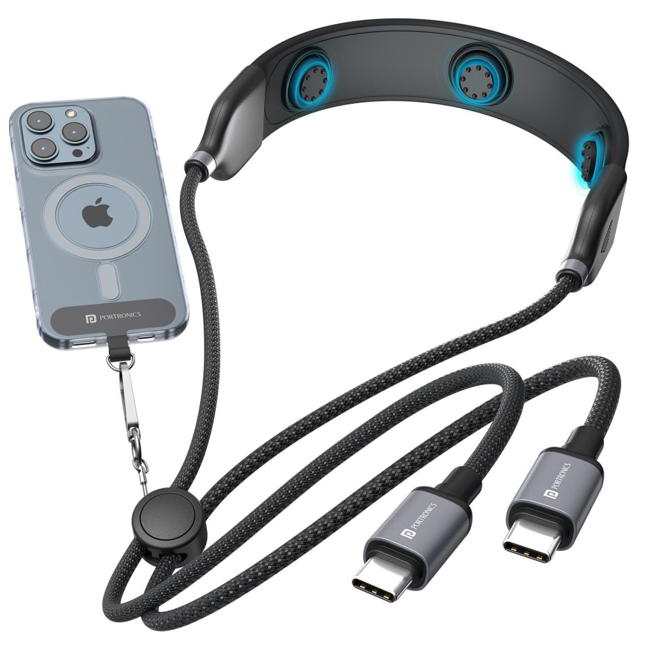 Portronics POR 3401 Pulse Line, 3-in-1 Smart Wearable Cable with Neck Massager & Phone Lanyard, 100W PD, Type-C Cable, Adjustable Nylon Braided Strap - Image 1