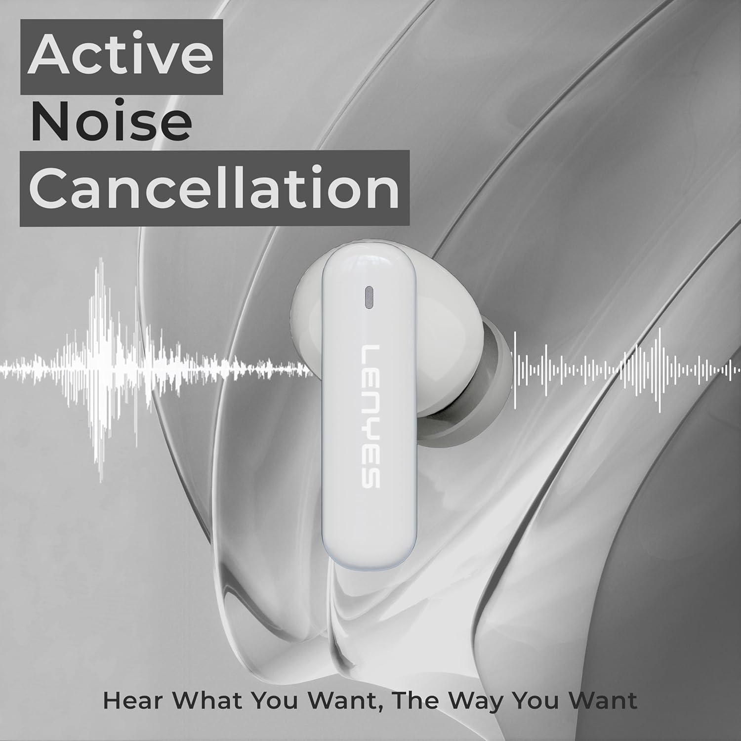 Lenyes AIR 100 TWS Earbuds, Bluetooth 5.3, 12mm Bass Drivers, ANC+ENC Quad Mic, 30H Playtime, Type-C Fast Charging, Sweat-Proof, Touch Controls White - Image 4