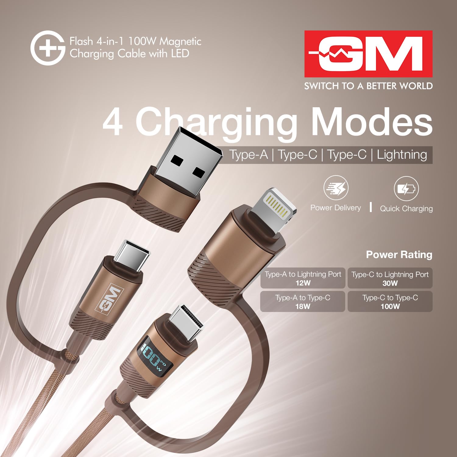 G+ Flash 4-in-1 100W Magnetic Charging Cable with LED Indicator, Self-winding, 480Mbps, 4 Ports (2 Type-C, Type-A, Lightning), 120cm Cord Length, For Laptops, Tablets, & High-power Devices - Image 5