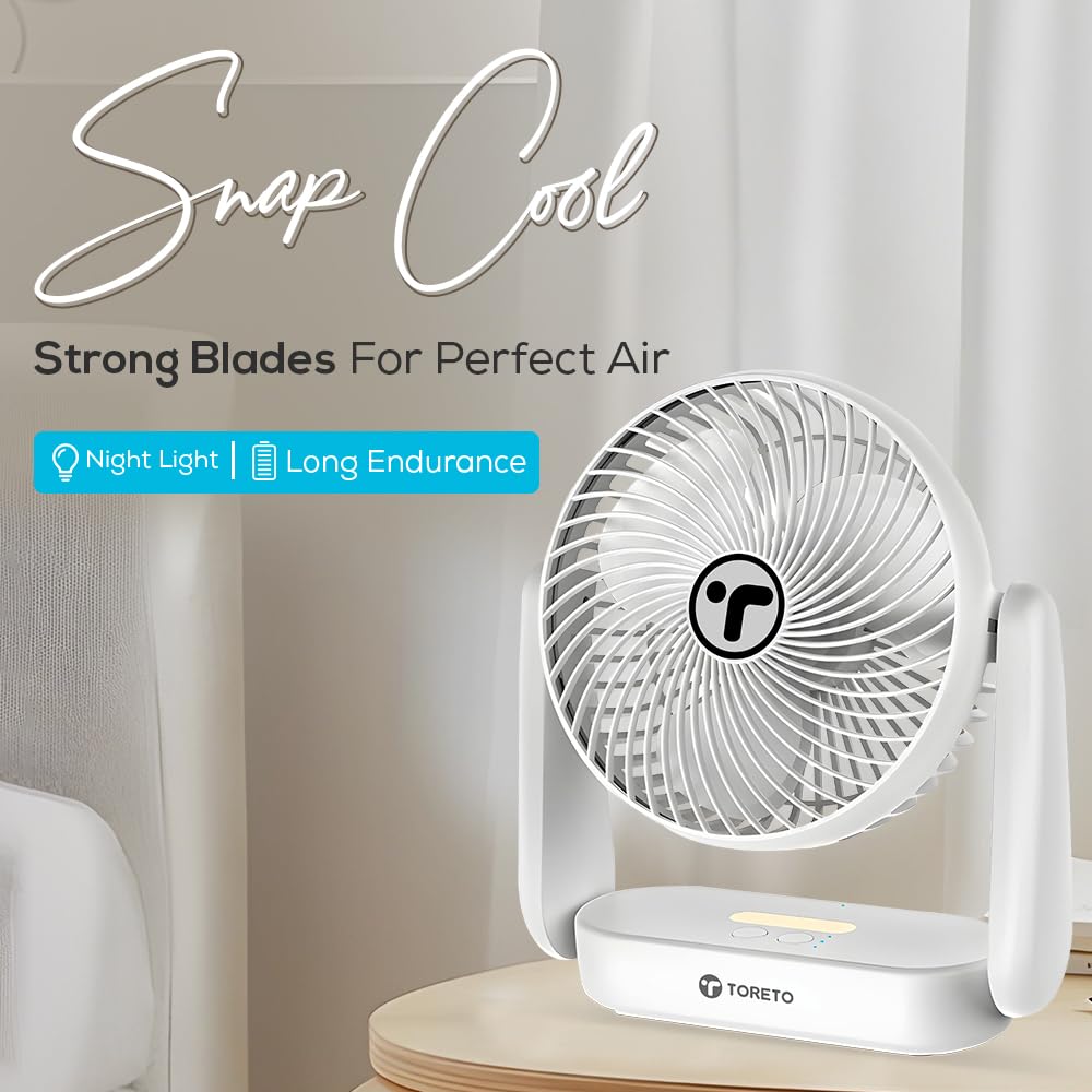Toreto SnapCool 3-in-1 Portable Rechargeable Fan with Night Light, Type-C Charging, 3 Speed Modes, 360° Adjustable, Desktop/Wall/Ceiling Mount White - Image 2