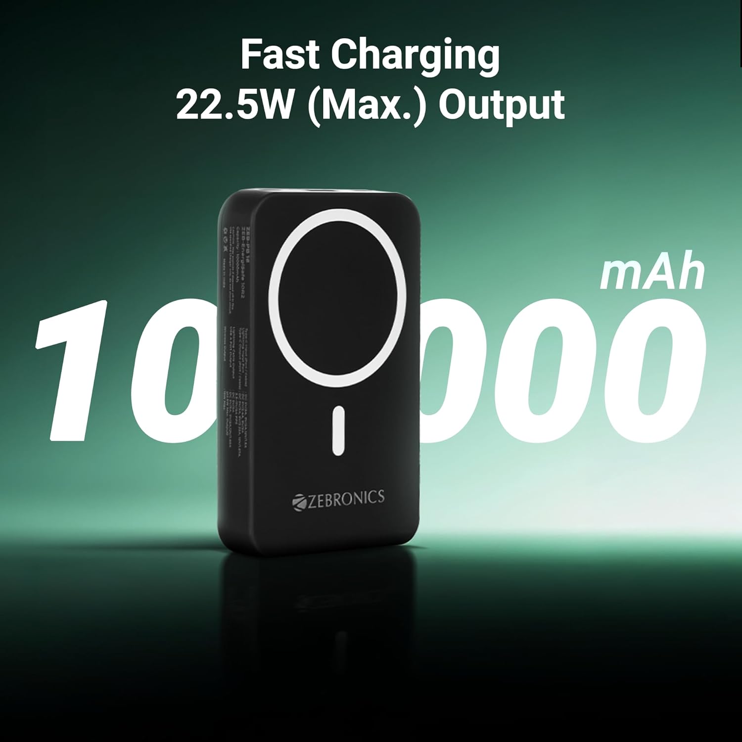 ZEBRONICS EnergiSafe 10R2, 10000mAh MagSafe Wireless Power Bank, 15W Wireless & 22.5W PD (PPS) Fast Charging, Built-in Stand, Type-C & Lightning Cable, 5× Outputs, for iPhone & AirPods Black - Image 2