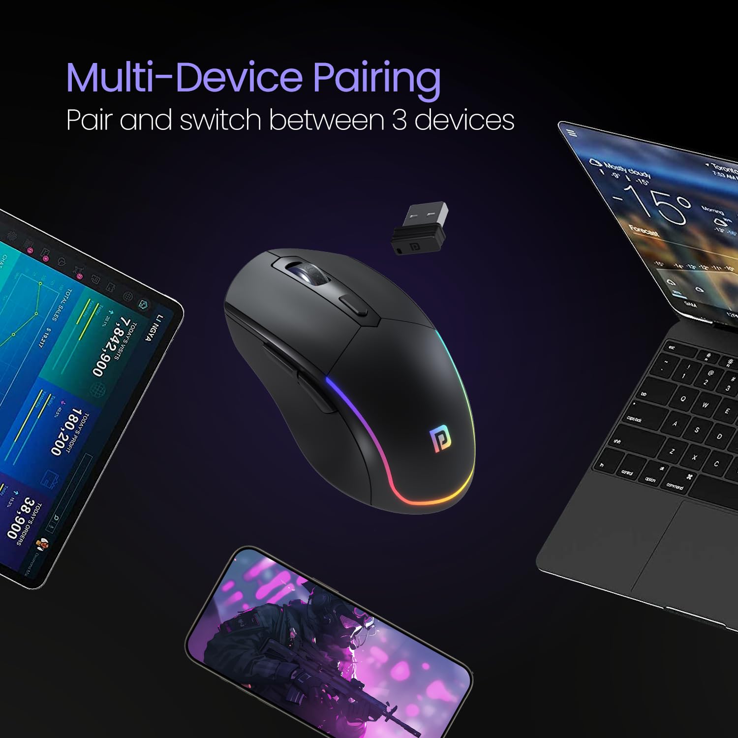 Portronics Toad One POR 1682 Bluetooth Mouse with 2.4 GHz & BT 5.3 Dual Wireless, 6 Buttons, Rechargeable, RGB Lights, Connect 3 Devices, Ergonomic Design for Laptop, Smartphone, Tablet Black - Image 5