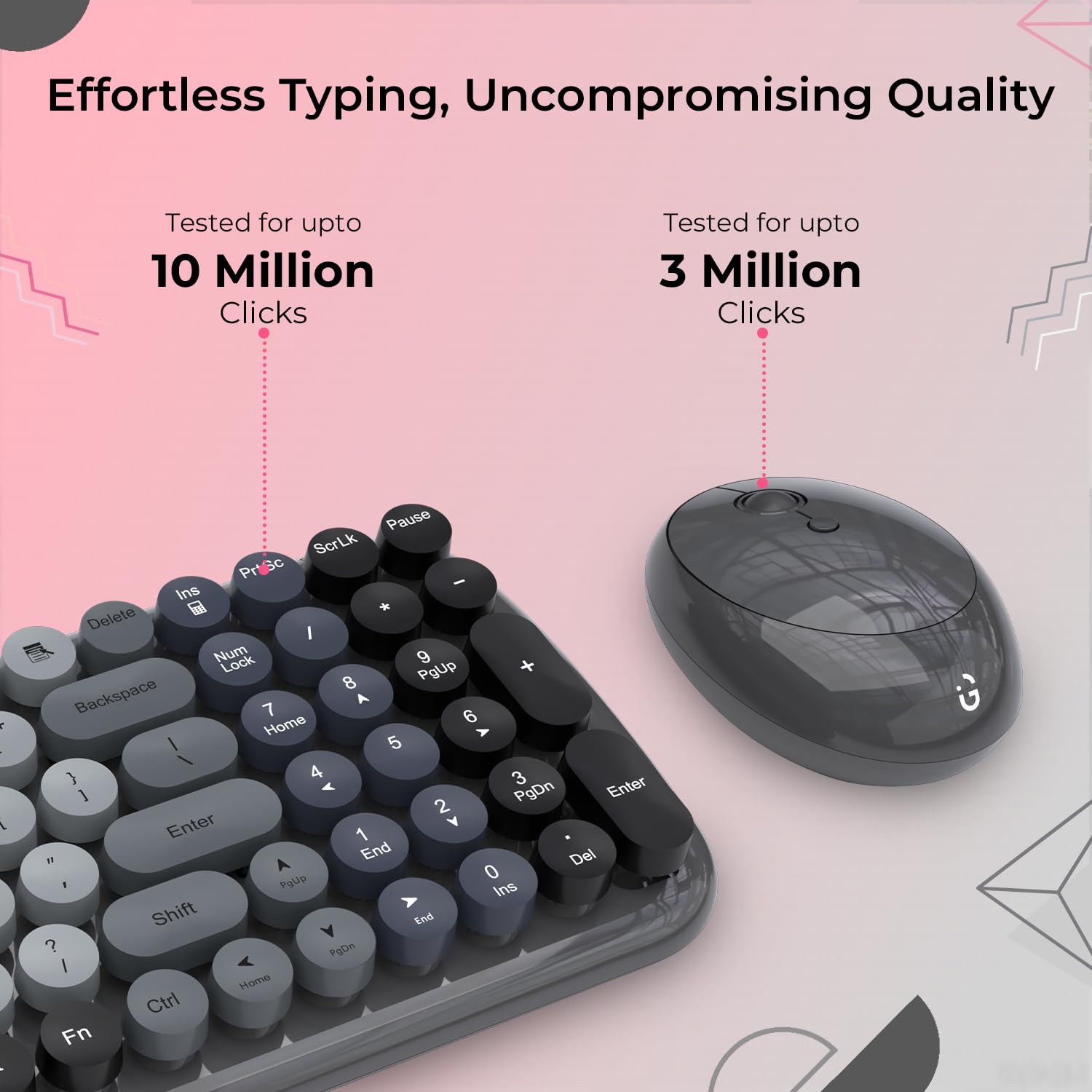 iGear KeyBee Interchangeable/Customizable Typewriter Inspired 2.4GHz Wireless Keyboard with Mouse, Single Nano Receiver, Round Keycaps, Pink and Grey - Image 6