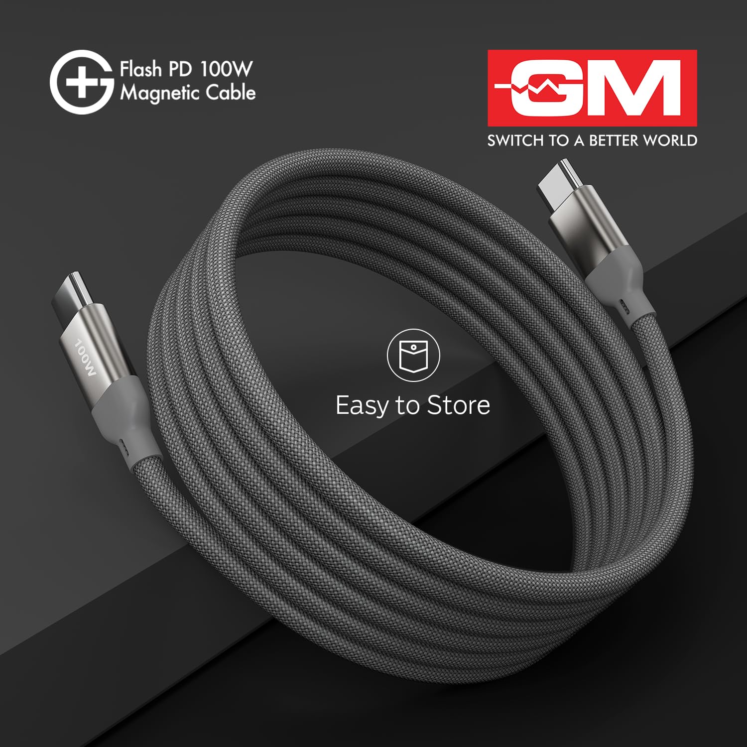 GM G+ Flash PD 100W Grey Magnetic Cable, Type-C to Type-C, 1.2M Length, Premium Braided Copper Wire, Durable And Wear Resistance - Image 9
