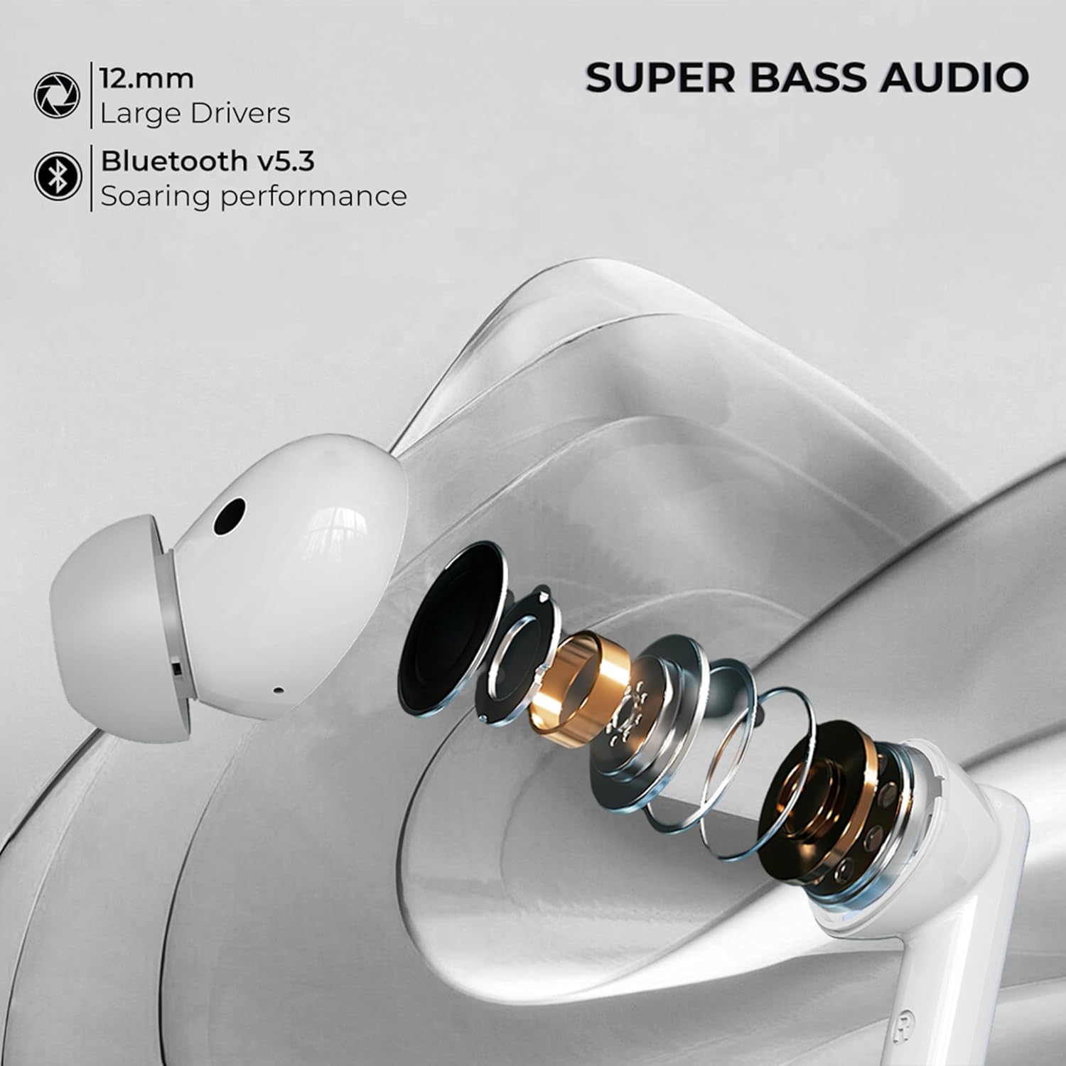 Lenyes AIR 100 TWS Earbuds, Bluetooth 5.3, 12mm Bass Drivers, ANC+ENC Quad Mic, 30H Playtime, Type-C Fast Charging, Sweat-Proof, Touch Controls White - Image 2