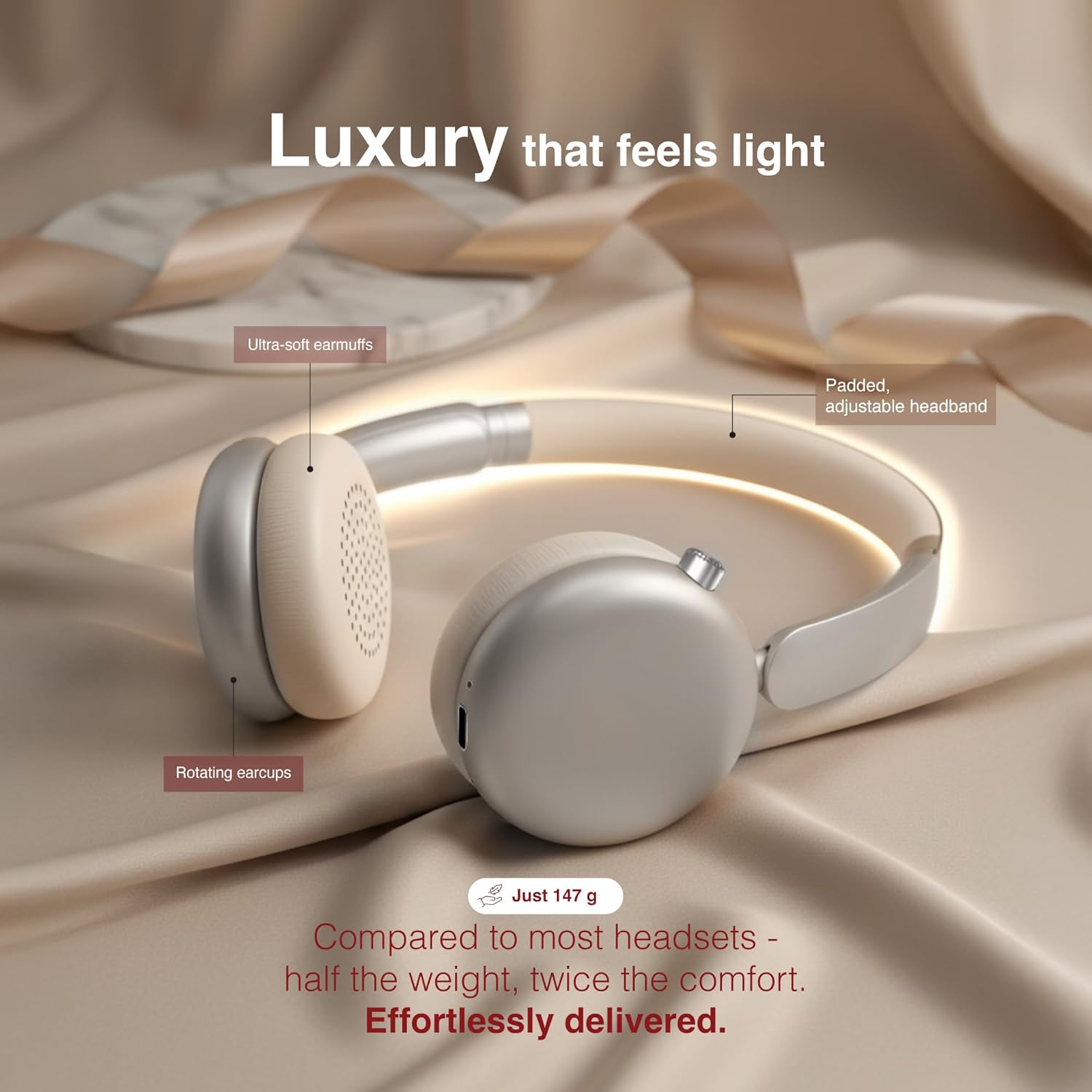 FINGERS 3D-Trance ANC Wireless Headphones 52 dB Deep Active Noise Cancellation, 360° Spatial Sound, 120 Hrs Playtime, 40ms Low Latency, Multi-Point Pairing, Premium Zip Case Bundled, Pearly Gold - Image 7