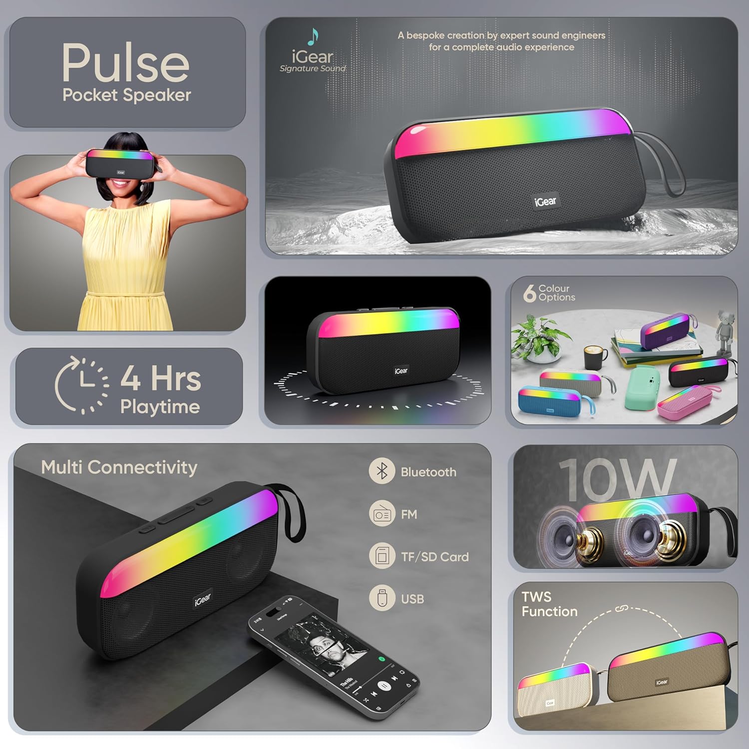 iGear Pulse 10W Mega Bass Speaker with RGB Lights, 3-Hour Playtime, TWS Function, Travel Loop , Multi-Connectivity Black - Image 2