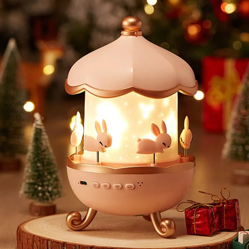 Bunny Carousel Night Light Projector, LED Lamp with 6 Rotating Films, Star Projection for Nursery & Kids Room Decor, Rotatable Rabbit Light, Pink - Image 1