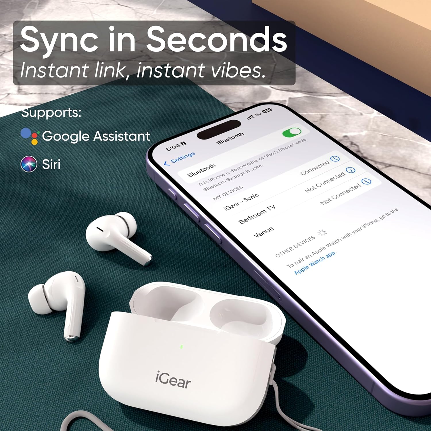 iGear Sonic True Wireless Earbuds with 32dB ANC, ENC, 13mm Dynamic Drivers, Upto 30Hrs Playtime, IPX4, Wireless Charging & Type-C Fast Charging White - Image 9