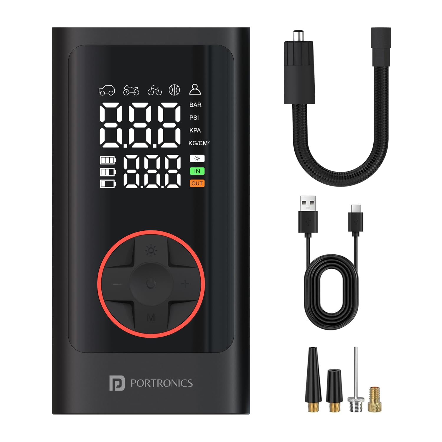 Portronics  POR 3026 Vayu 7.0 Tyre Inflator, Full-Size Digital Display, 4000 mAh Battery, 150 PSI Pressure, Preset Modes, Flashlight with SOS, Pressure Detection, for Cars, Bikes, Bicycles And Balls Black - Image 1