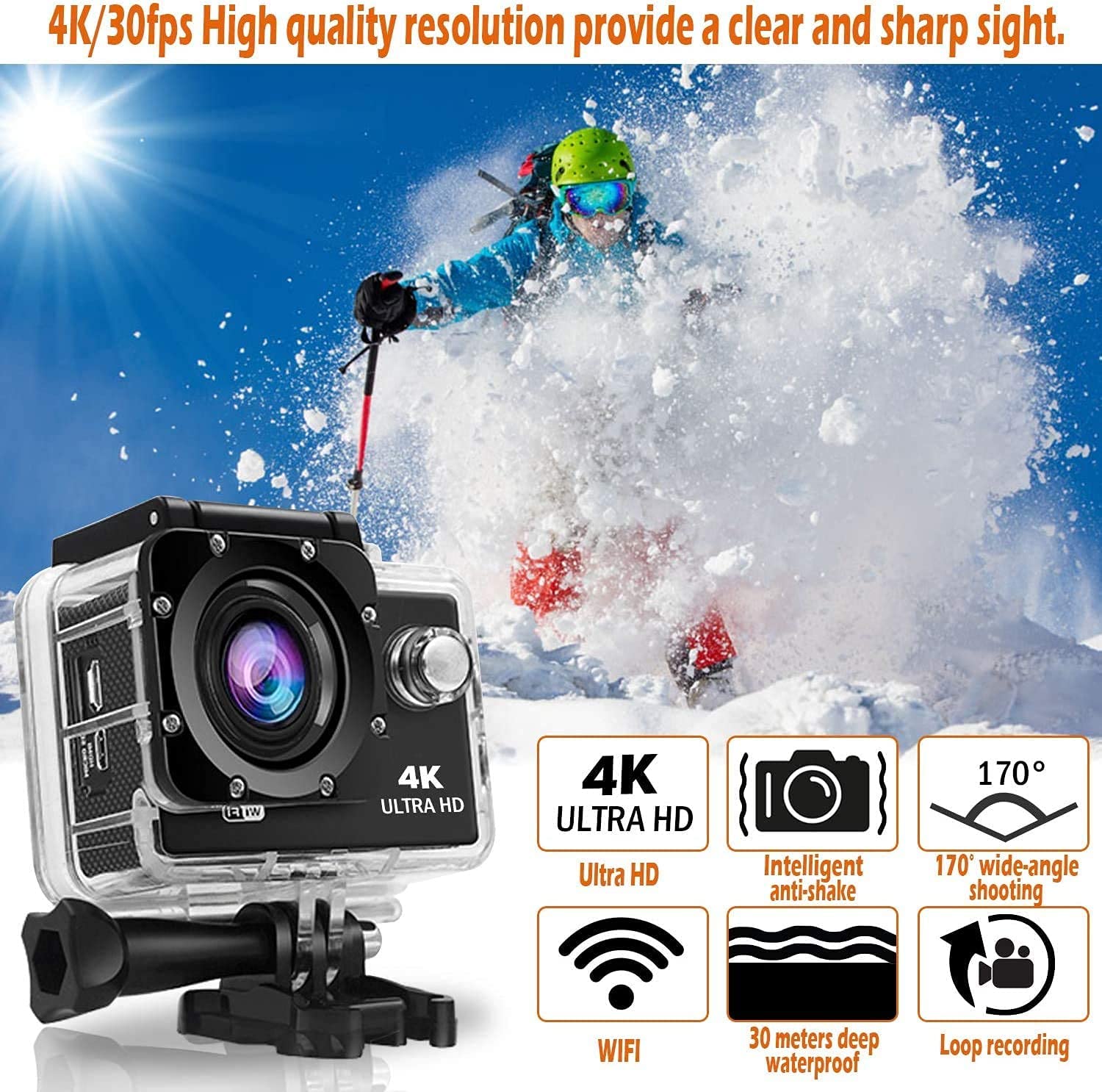 4K 30FPS Action Camera Ultra HD Underwater Camera 170 Degree Wide Angle 98Ft Waterproof Camera (Light Action) Digital Black - Image 4
