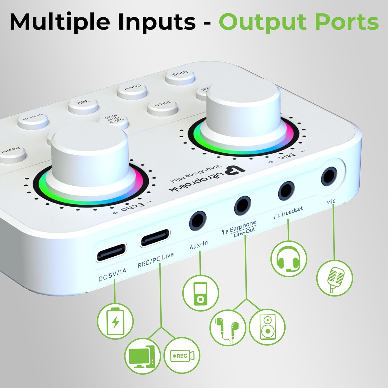 UltraProlink Sing Along Mini, Slimmest Portable Bluetooth Karaoke Mixer, Sound Card for Karaoke,Podcast, Singing, Live Stream,Broadcast, White - Image 6