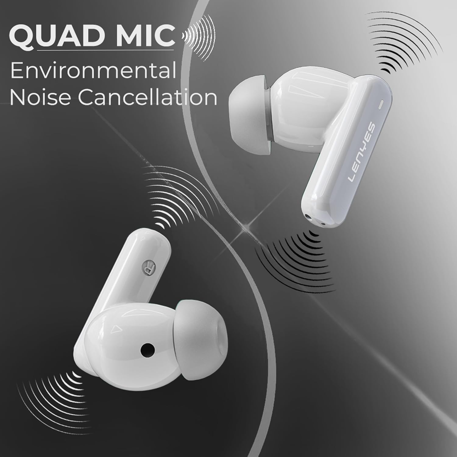 Lenyes AIR 100 TWS Earbuds, Bluetooth 5.3, 12mm Bass Drivers, ANC+ENC Quad Mic, 30H Playtime, Type-C Fast Charging, Sweat-Proof, Touch Controls White - Image 5