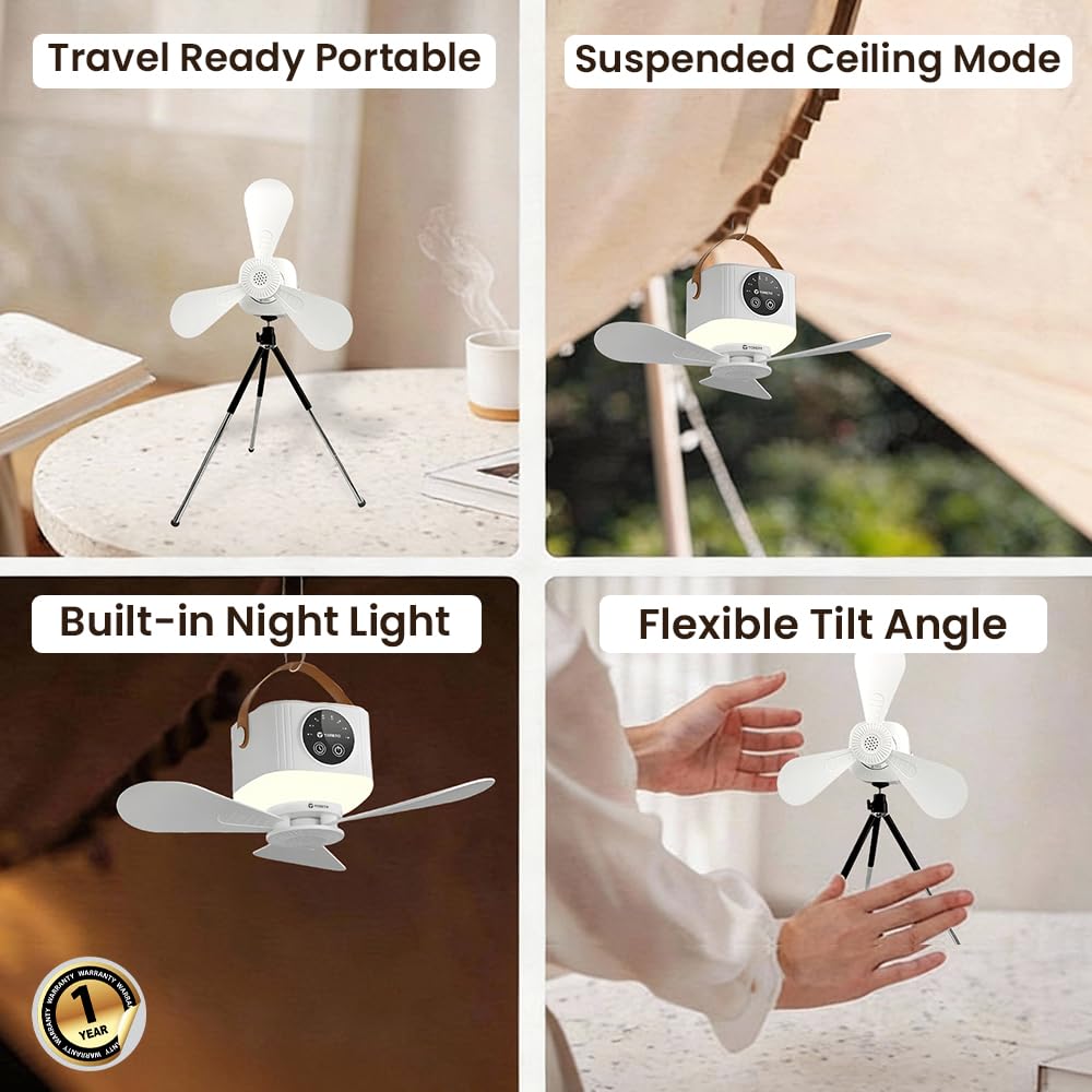 Toreto Steady Air Portable Ceiling Fan with Detachable Tripod Stand, 180° Automatic Oscillation, Built-in Night Light, TypeC Charging Remote Off White - Image 5