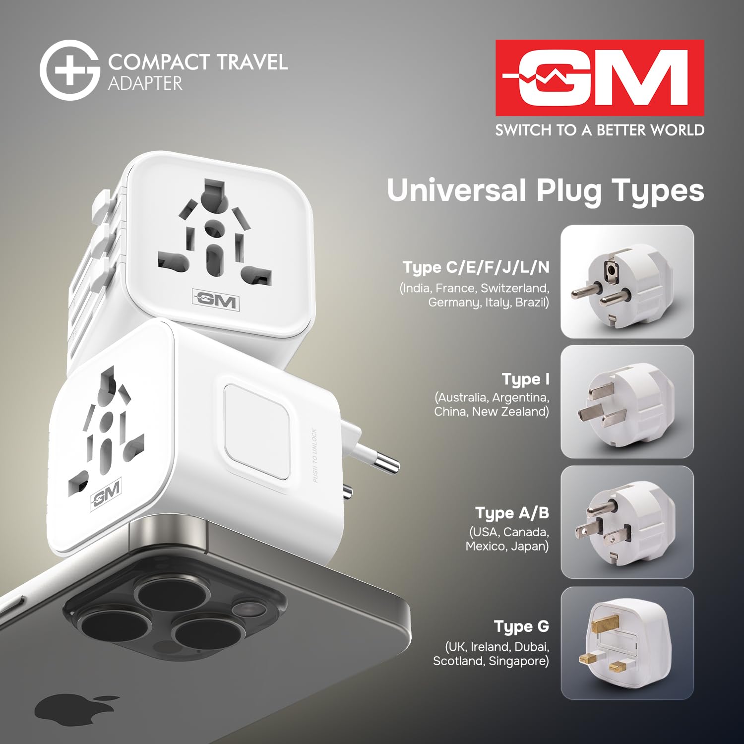 GM G+ Compact Travel Adapter, Universal All-in-One Worldwide Plug (US/UK/EU/AU), Safety Protection, Foldable, Fire-Resistant, 150+ Countries White - Image 5