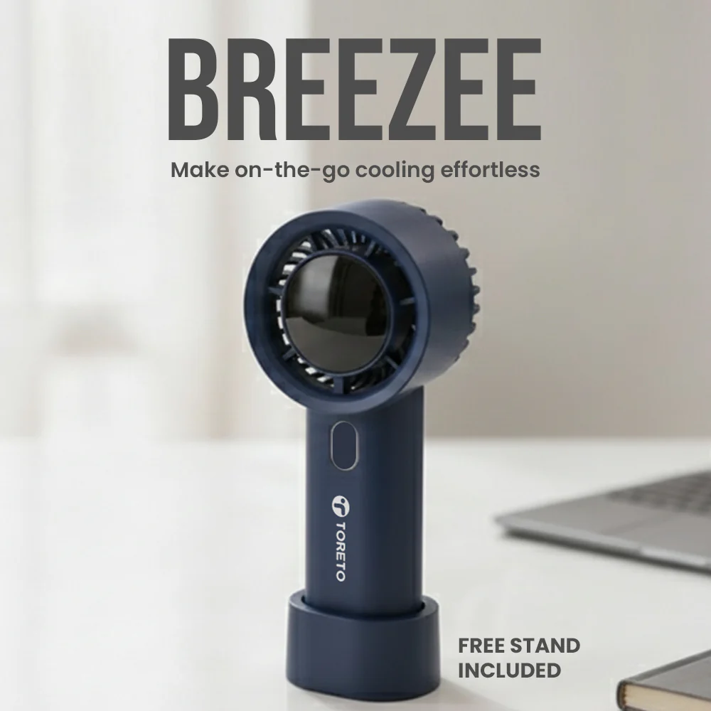 Toreto Breeze Portable hand fan with powerful and efficient blades, adjustable wind speed, display screen, turbo drive performance, Type-C charging support, and travel-friendly design - Image 2