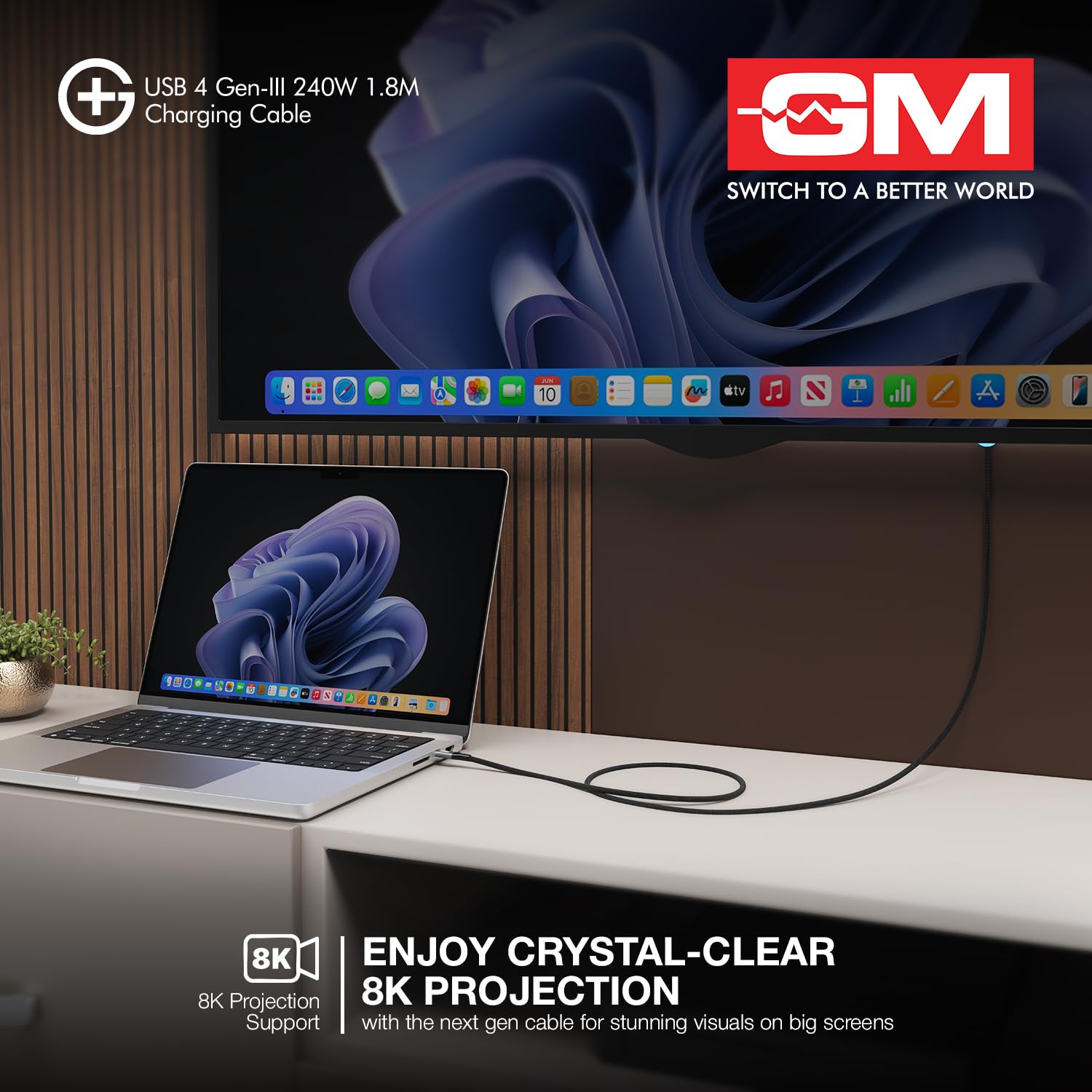 GM G+ USB 4 Gen-III 240W Type-C to Type-C Cable (1.8M) | 40Gbps Data Transfer | 8K Display Support | PD 3.1 Fast Charging | Nylon Braided,Tangle-Free,Durable Cable for Laptops,Tablets & Smartphones - Image 9