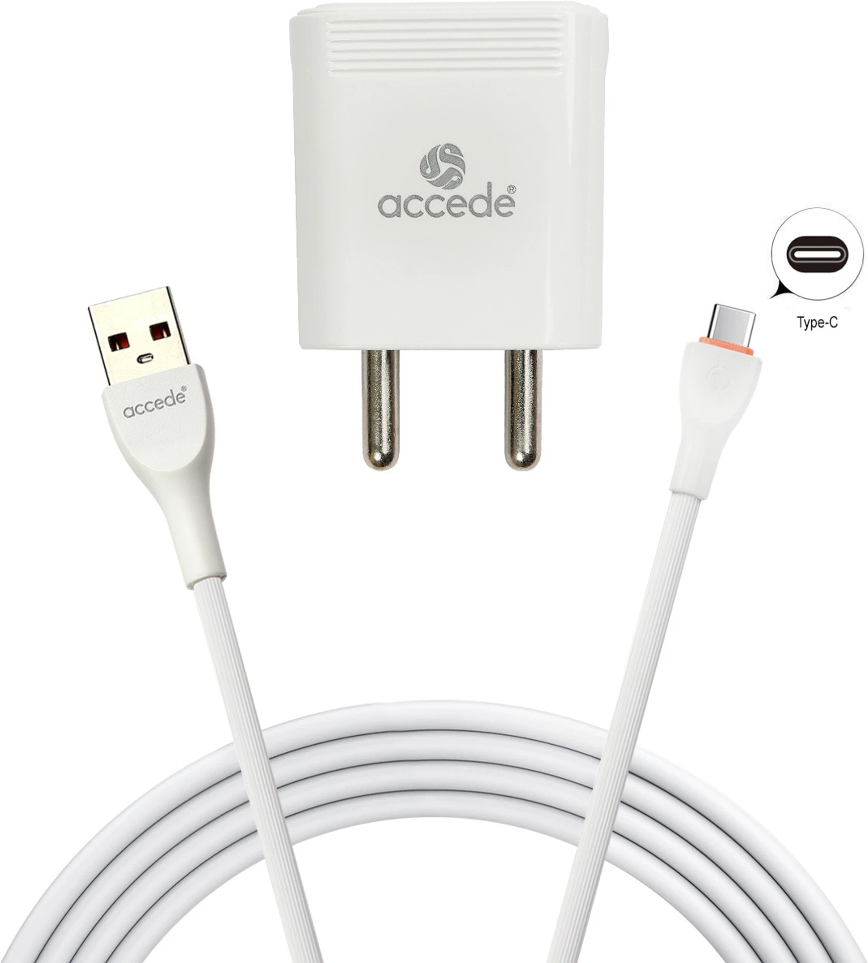 Accede A103C 3.1A Wall Charger 2 USB Port for Mobile with Type C Cable White, Cable Included - Image 2