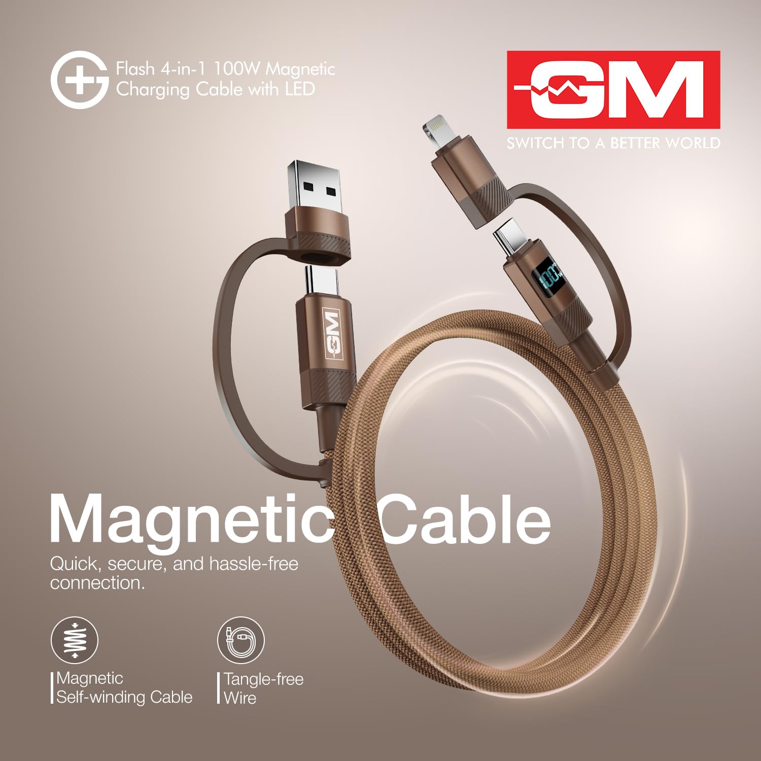 G+ Flash 4-in-1 100W Magnetic Charging Cable with LED Indicator, Self-winding, 480Mbps, 4 Ports (2 Type-C, Type-A, Lightning), 120cm Cord Length, For Laptops, Tablets, & High-power Devices - Image 4