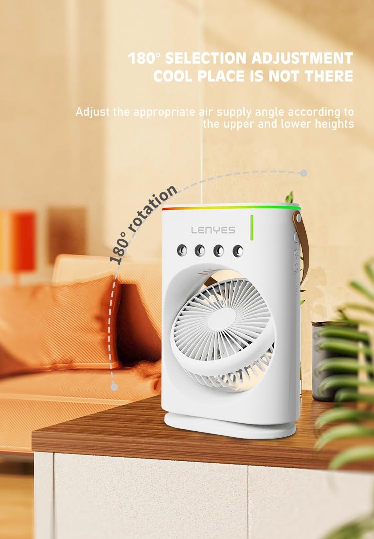 Lenyes LHF05 60 mm Mini Fan , LED Lighting,  Rechargeable Fan,  3 Fan Speeds,  2 Light Mode Settings,  High Speed Oscillation Table Fan ,  White - Image 4