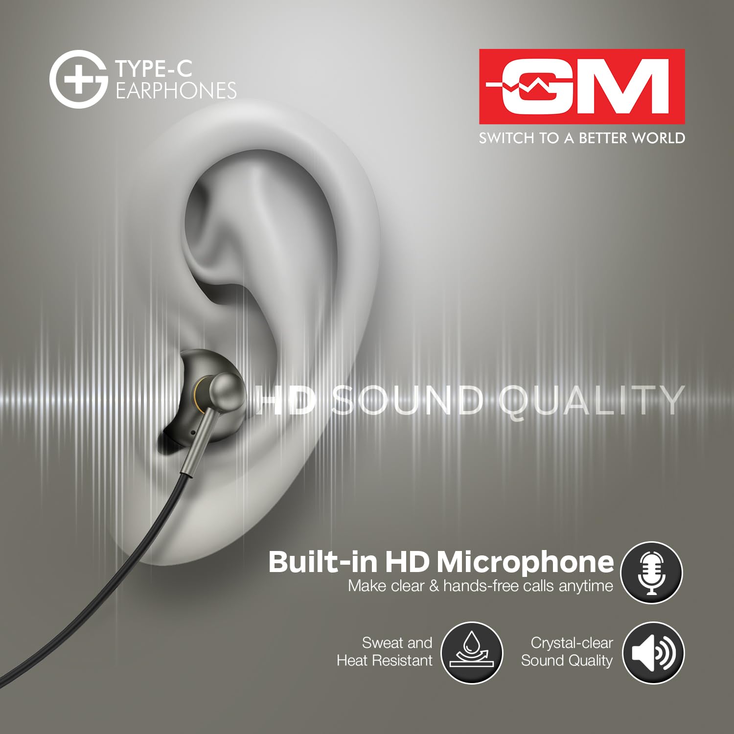 GM G+ Type-C Earphones with HD Sound, Half Ear Comfort Fit, Built-in Mic, One Touch Control, Metallic Finish, 14mm Drivers, Lightweight Wired USB-C Earphones for Calls and Music - Image 8