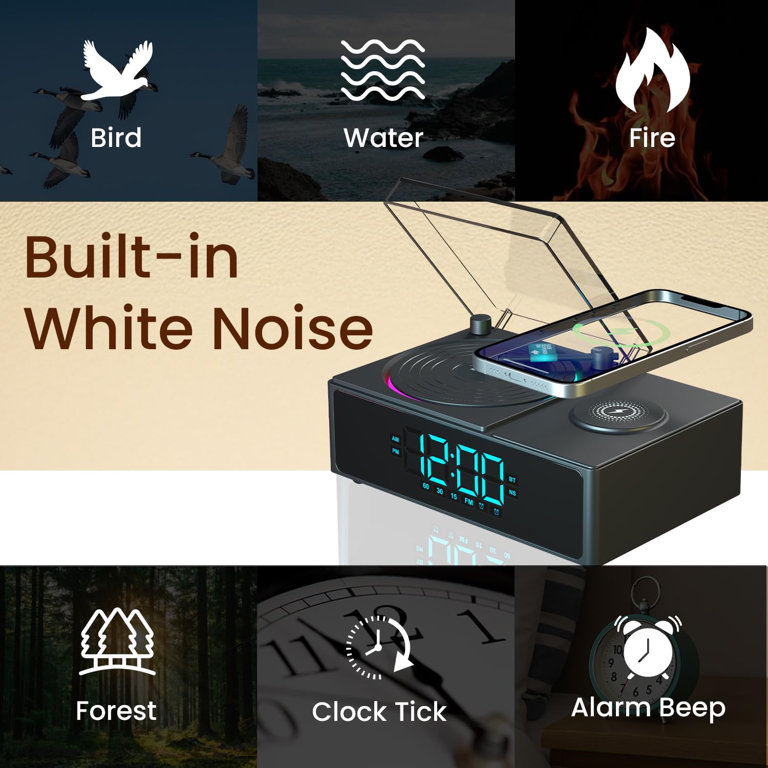 Portronics POR 3303 Soundflow 5W HD Sound Retro Design Bluetooth Speaker,15W Wireless Charging,Digital Clock with Alarm Setting,RGB LED Lights,Built-in White Noise, USB-A/SD Card/AUX in, Type C Charging Black - Image 4