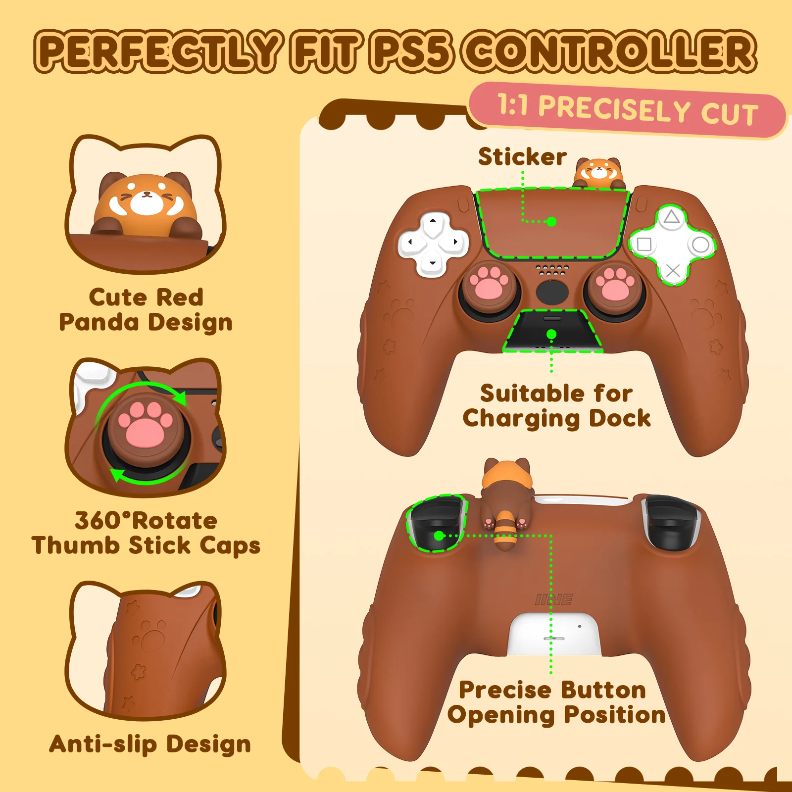 IINE PS5 Controller Adorable Bear Skin Set, Featuring 2 Thumb Grip Caps and 1 Sticker, Anti-slip Silicone Protective Cover Skin Case for Playstation 5 Wireless Controller Brown - Image 2