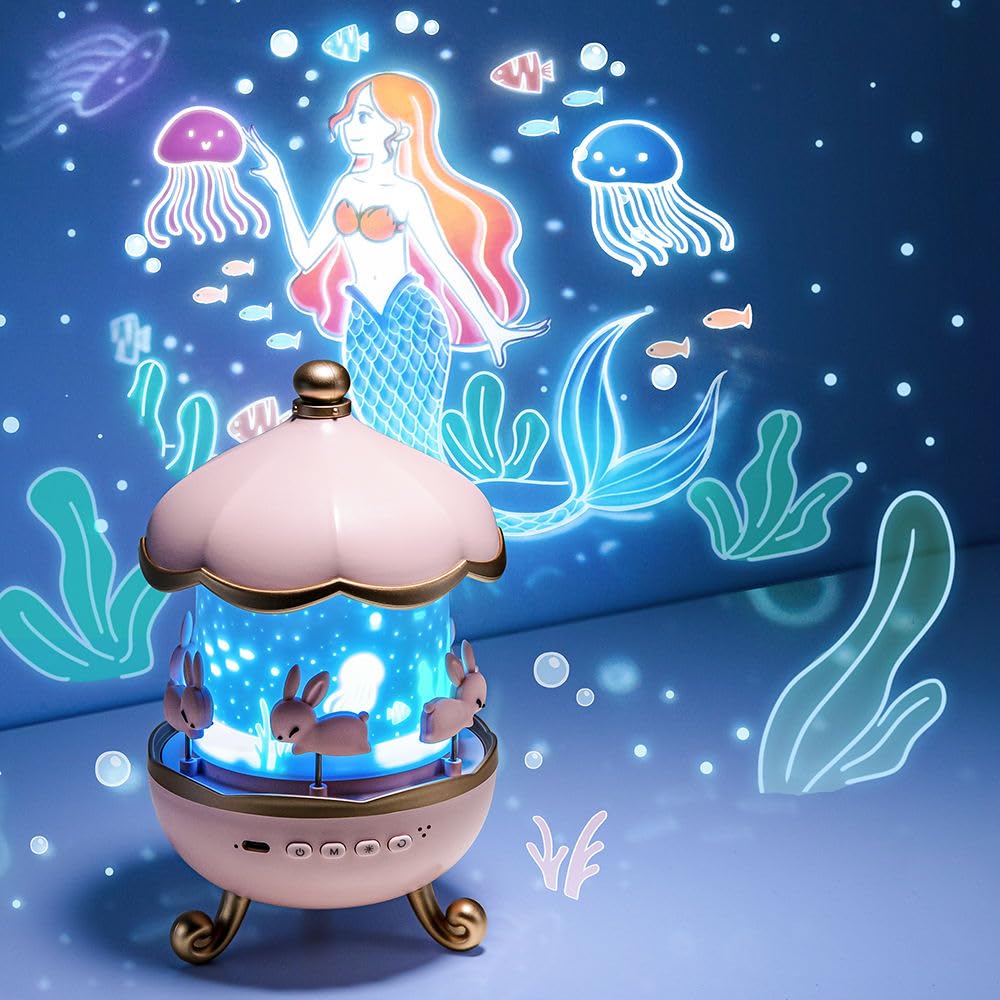 Bunny Carousel Night Light Projector, LED Lamp with 6 Rotating Films, Star Projection for Nursery & Kids Room Decor, Rotatable Rabbit Light, Pink - Image 7