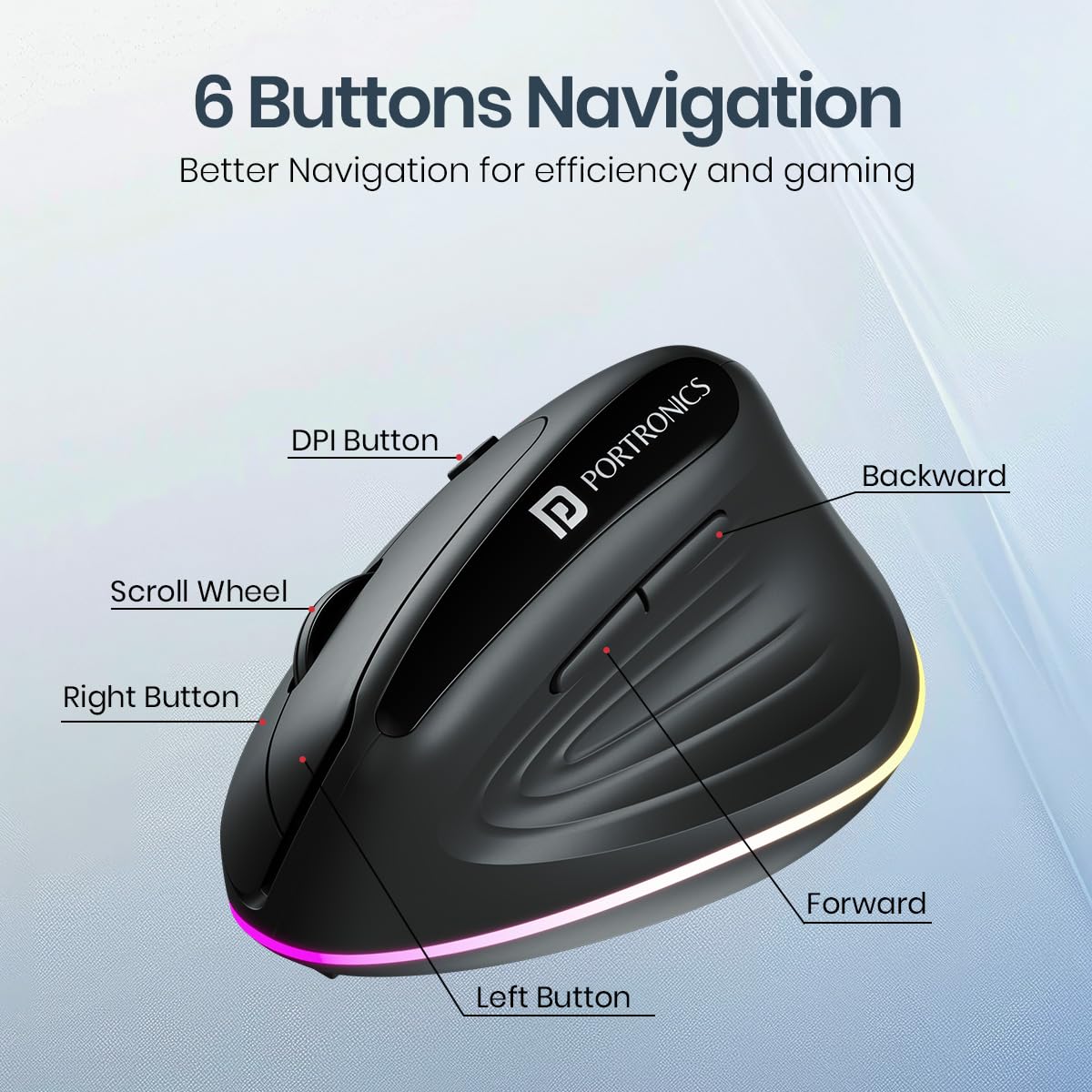 Portronics POR 3031 Toad Ergo 3 Ergonomic Wireless Mouse with RGB, 2400 DPI, Dual Mode BT And 2.4GHz Connectivity, Rechargeable Battery, 6 Buttons, Adjustable DPI, Silent Clicks Black - Image 6