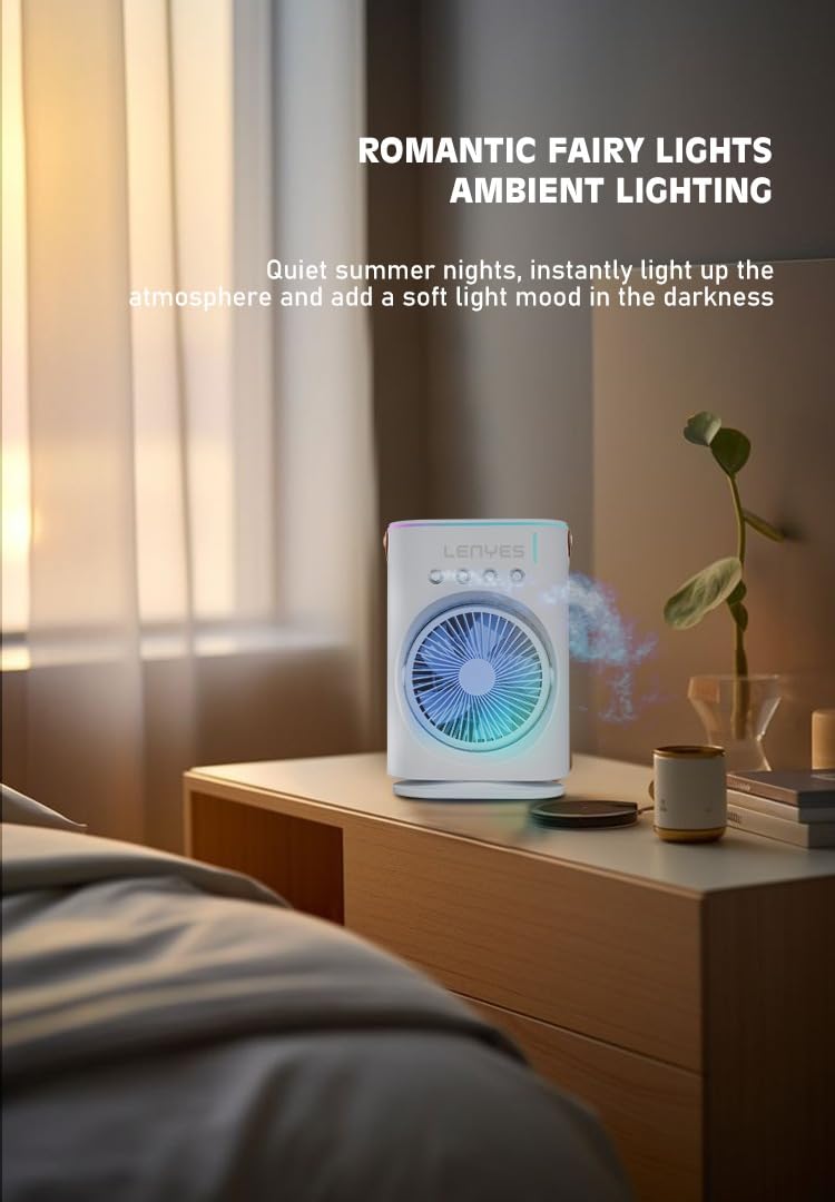 Lenyes LHF05 60 mm Mini Fan , LED Lighting,  Rechargeable Fan,  3 Fan Speeds,  2 Light Mode Settings,  High Speed Oscillation Table Fan ,  White - Image 5