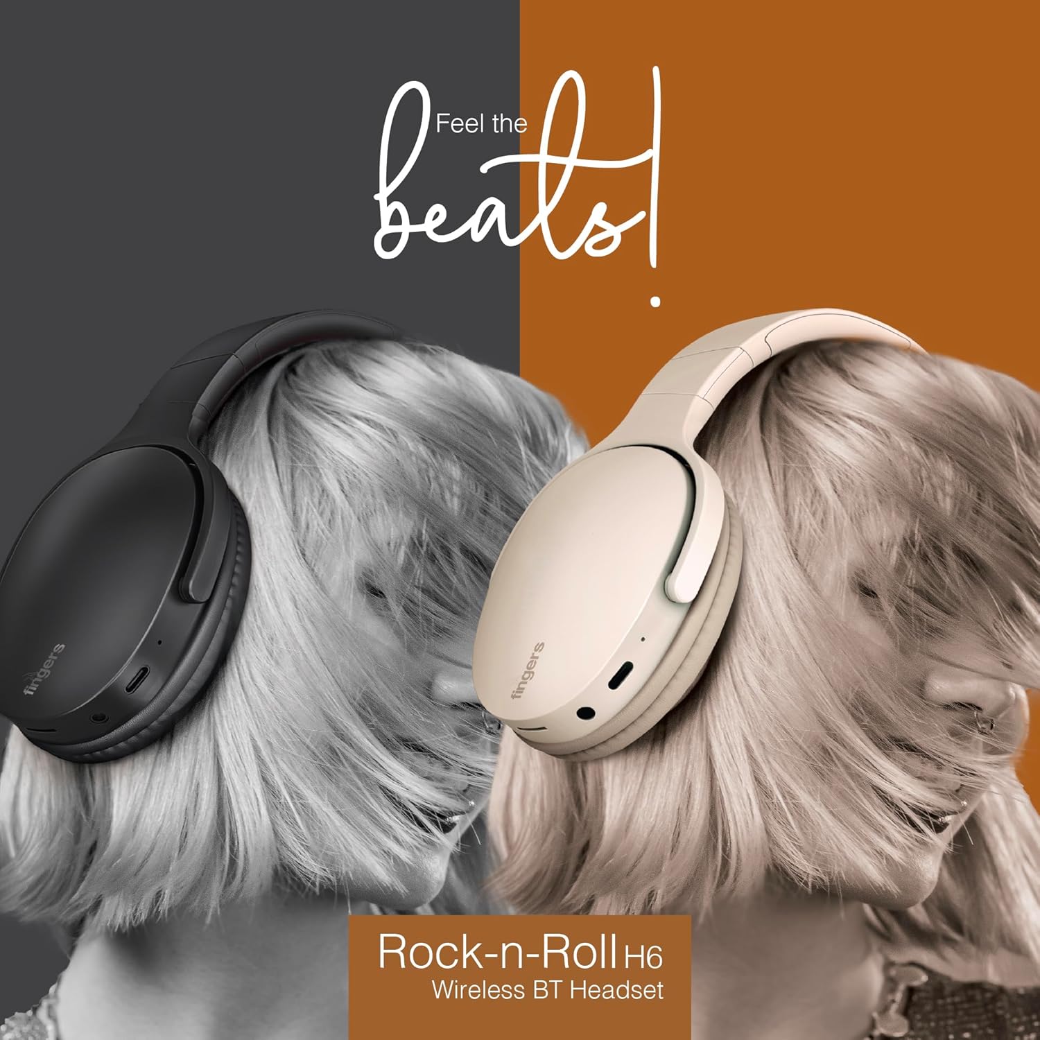 FINGERS Rock-n-Roll H6 On-Ear Bluetooth Headphones with Mic 12 Hours Playtime, 40mm Neodymium Drivers, Leatherette Headband, Bluetooth® v5.4 FM Radio MicroSD AUX- Beige - Image 2