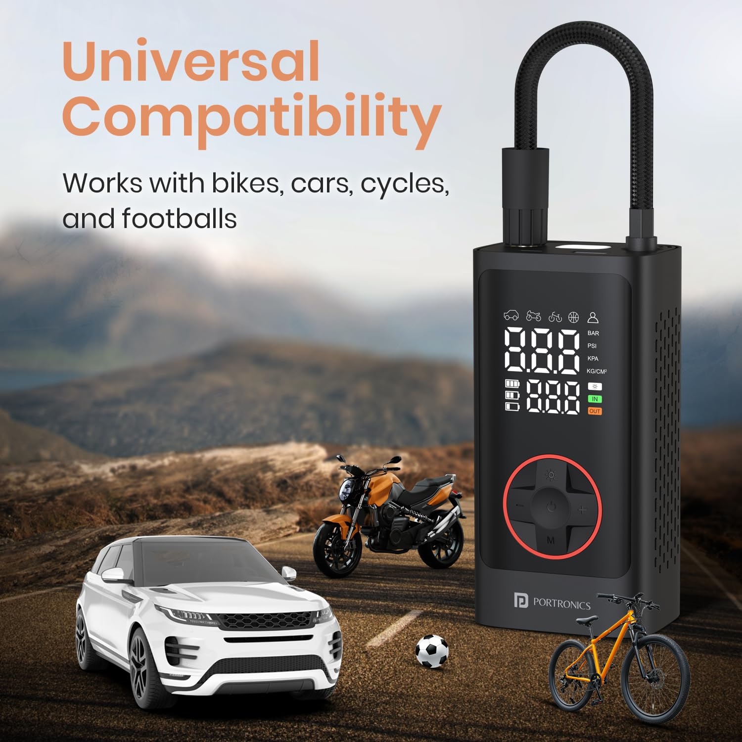 Portronics  POR 3026 Vayu 7.0 Tyre Inflator, Full-Size Digital Display, 4000 mAh Battery, 150 PSI Pressure, Preset Modes, Flashlight with SOS, Pressure Detection, for Cars, Bikes, Bicycles And Balls Black - Image 5