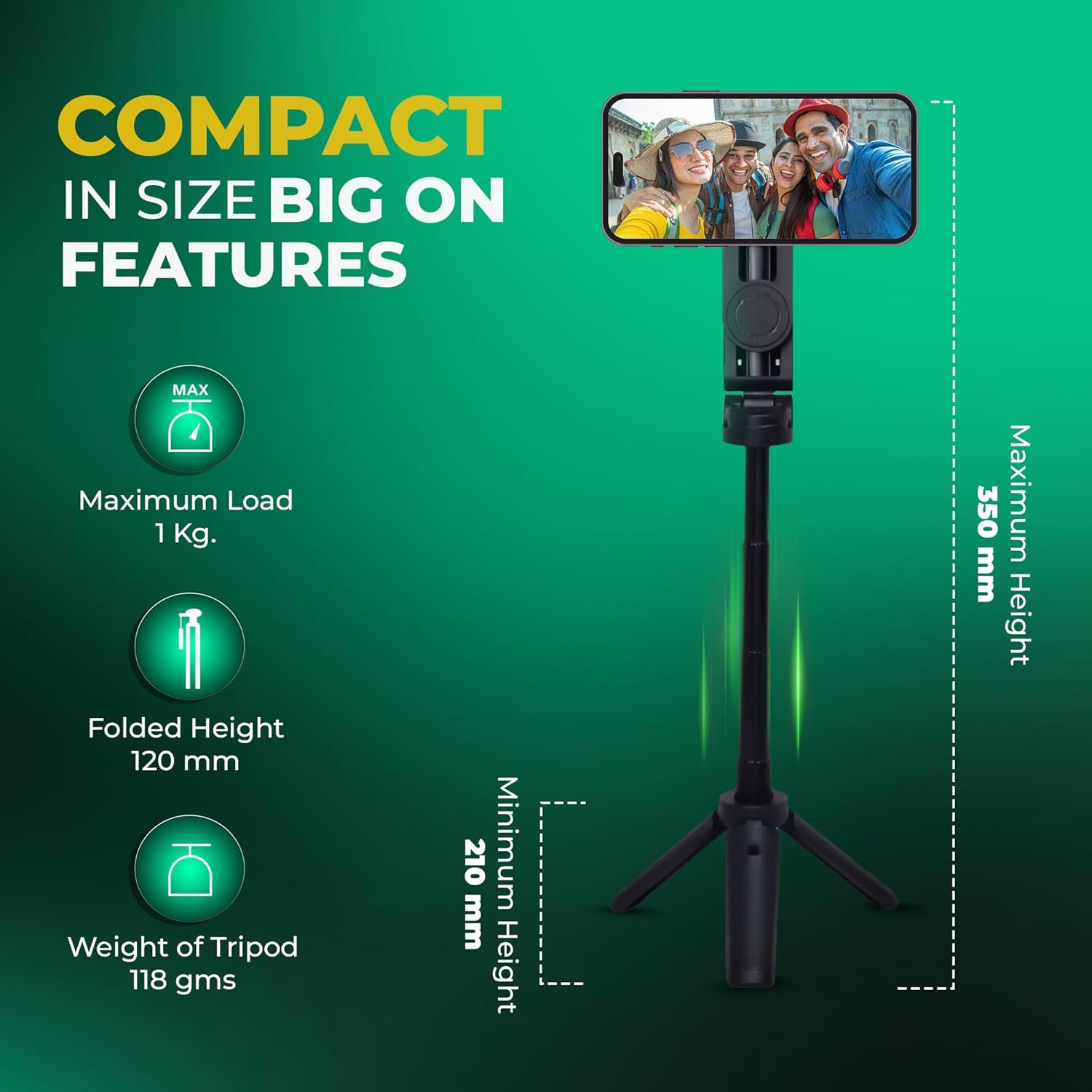 Digitek DTR 350 SS Magnetic Selfie Stick Tripod with 10m Bluetooth Remote, Pocket-Sized Design, 1Kg Max Load, 360° Rotation, Magnetic Phone Mount - Image 5