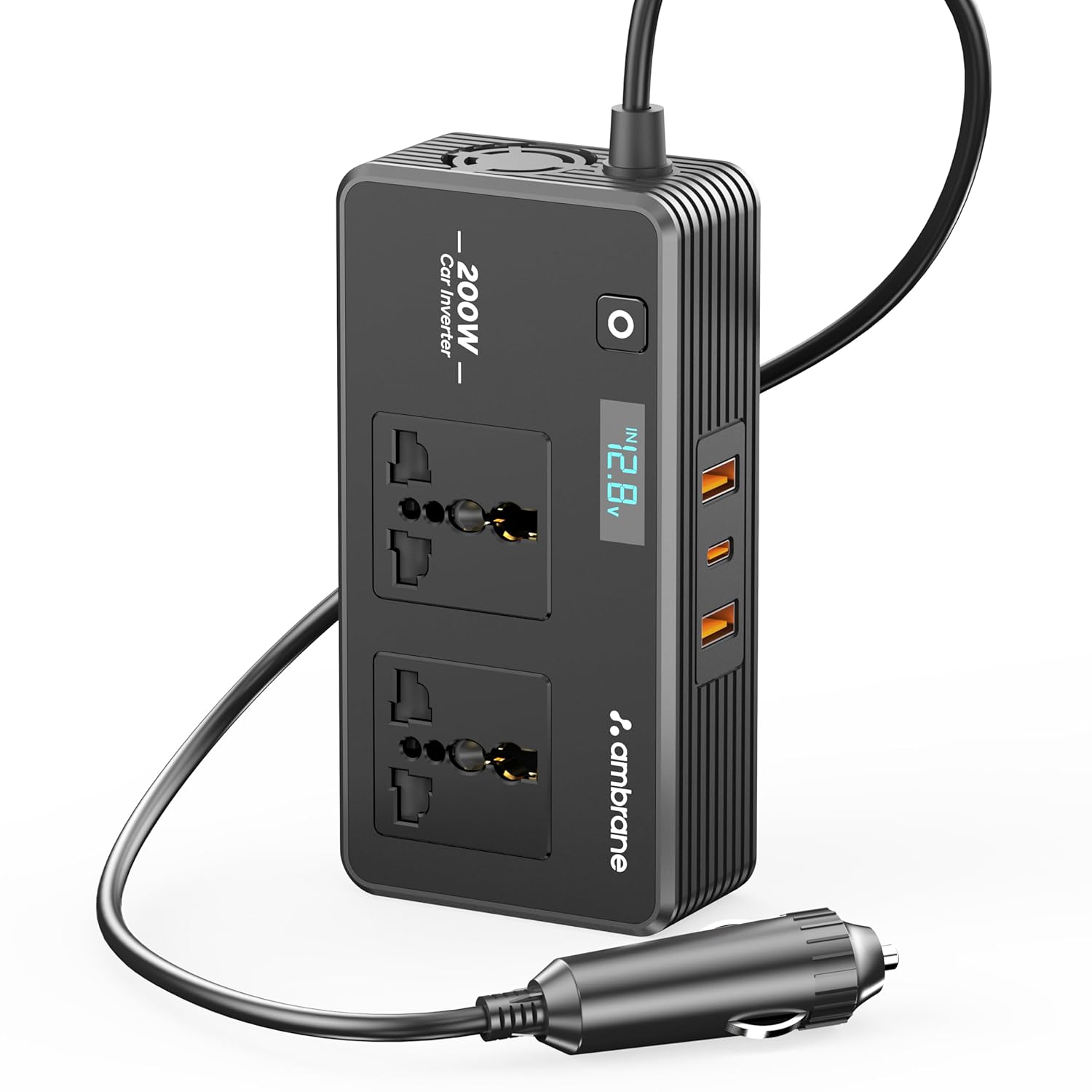 Ambrane 200W Car Power Inverter/Laptop Charger, Charge 5 Devices, 1 Type C 33W PD, 2 USB 22.5W QC, 2 AC Universal Outlets, Safe Charging Technology, For All 12V DC Socket Cars, SmartStrip Auto, Black - Image 1