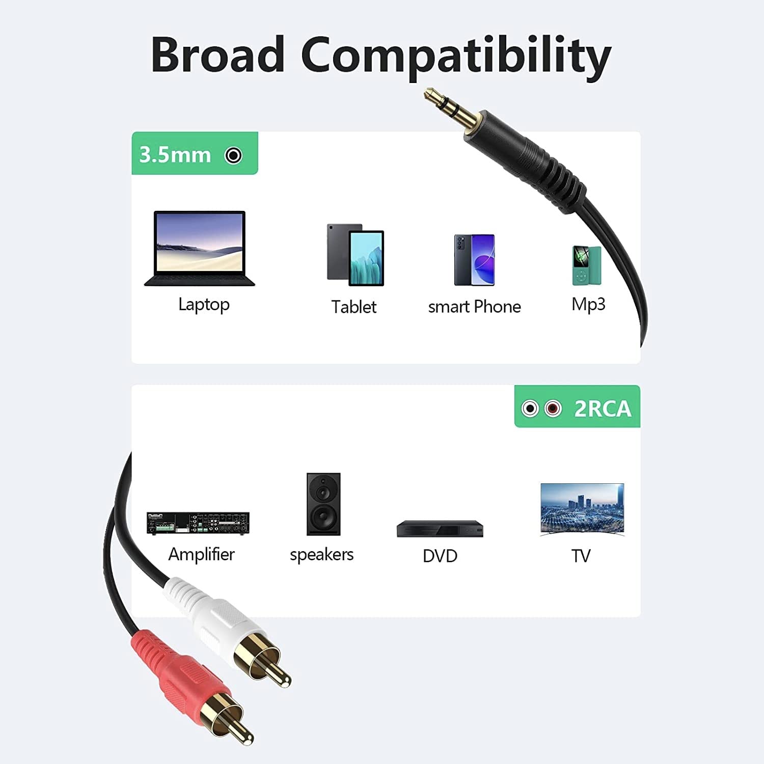 3.5mm Jack Stereo Audio to 2 RCA Cable - AV Video TV-Out Speaker Amplifier Connect TRS 3-Pole Plug to Dual RCA - 3 Meter - Image 2
