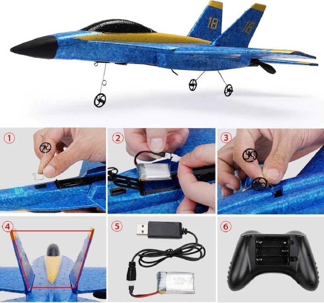 RC Airplane Toy SU-27 Style Remote Controller, 2.4GHz Control, LED Lights, Gyroscope System, Hand Throw And Ground Take Off, Foam Body Multicolour - Image 3
