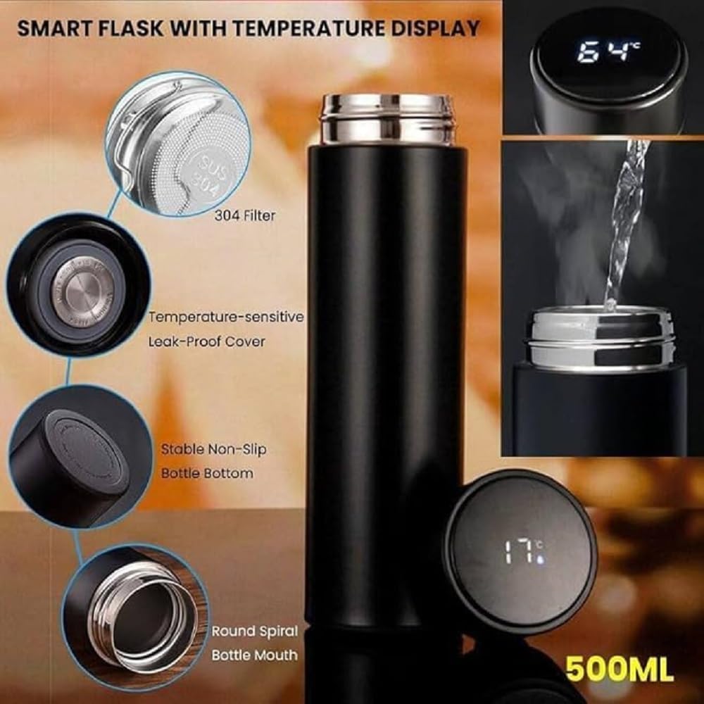 Smart Temperature Water Bottle 500ml, LED Display Touch Lid, Vacuum Insulated Stainless Steel Flask, Keeps Hot And Cold, Travel, Gym, Office Black - Image 5