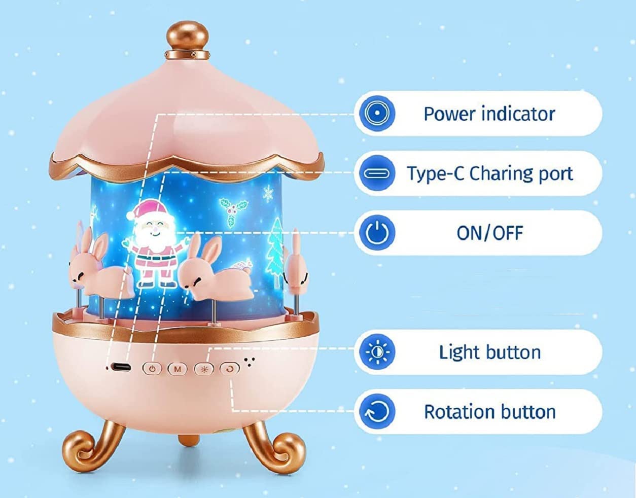 Bunny Carousel Night Light Projector, LED Lamp with 6 Rotating Films, Star Projection for Nursery & Kids Room Decor, Rotatable Rabbit Light, Pink - Image 8